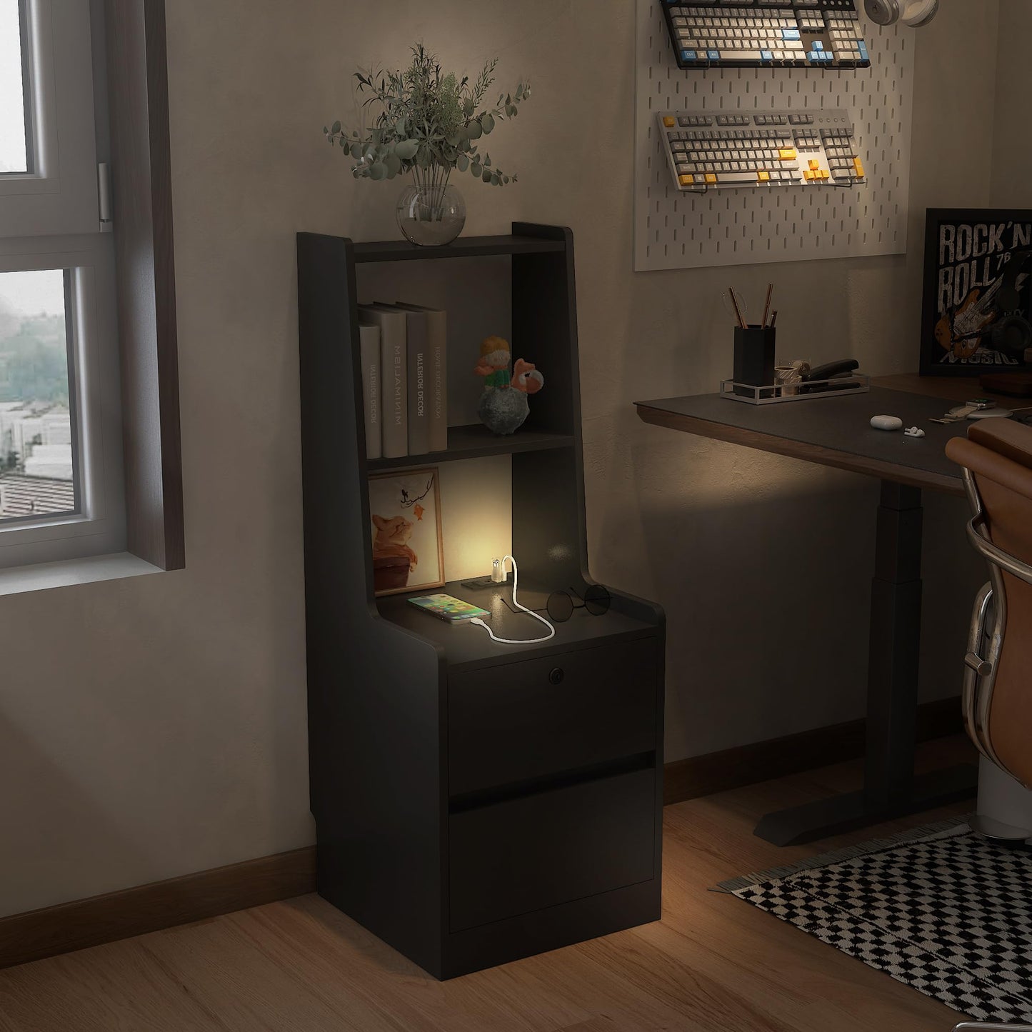 Black Nightstand with Charging Station & Night Light, Modern Black Bedside Table with Bookshelf & Storage Cabinet for Bedroom, 41InchTall Nightstand for Bedroom - W15.74 x D15.74 x H41.14
