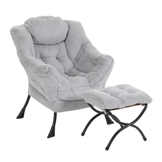 Furlide Lazy Chair with Ottoman, Modern Accent Chair with Armrests and a Side Pocket, Plush Grey Accent Chairs, Reading Chairs, Oversized Armchairs for Bedroom, Study, Living Room, Courtyard