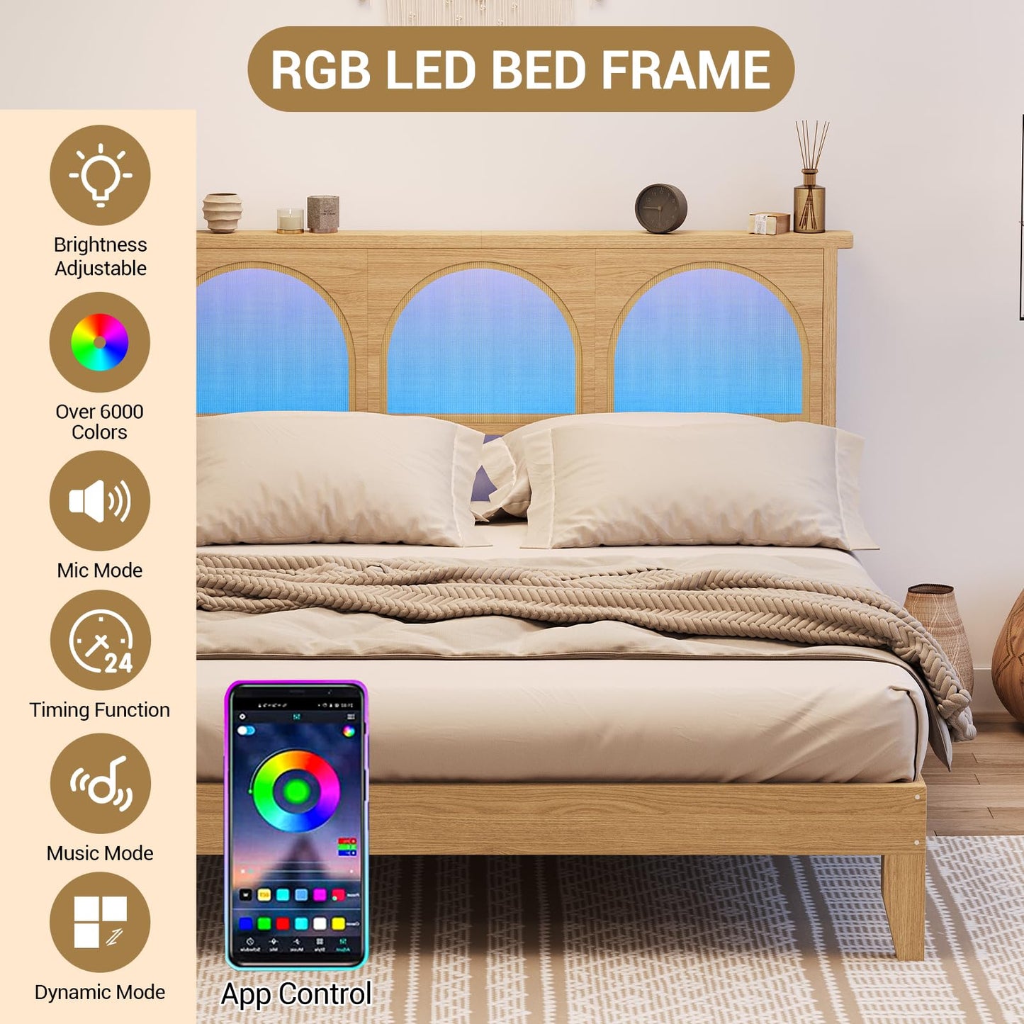 GarveeHome Boho Full Bed Frame, Solid Wood Bed with Natural Rattan Headboard & LED Lights, Wooden Platform Bed No Box Spring Needed, Storage Underneath, Sturdy Noise-Free Bed Frame, Easy Assembly