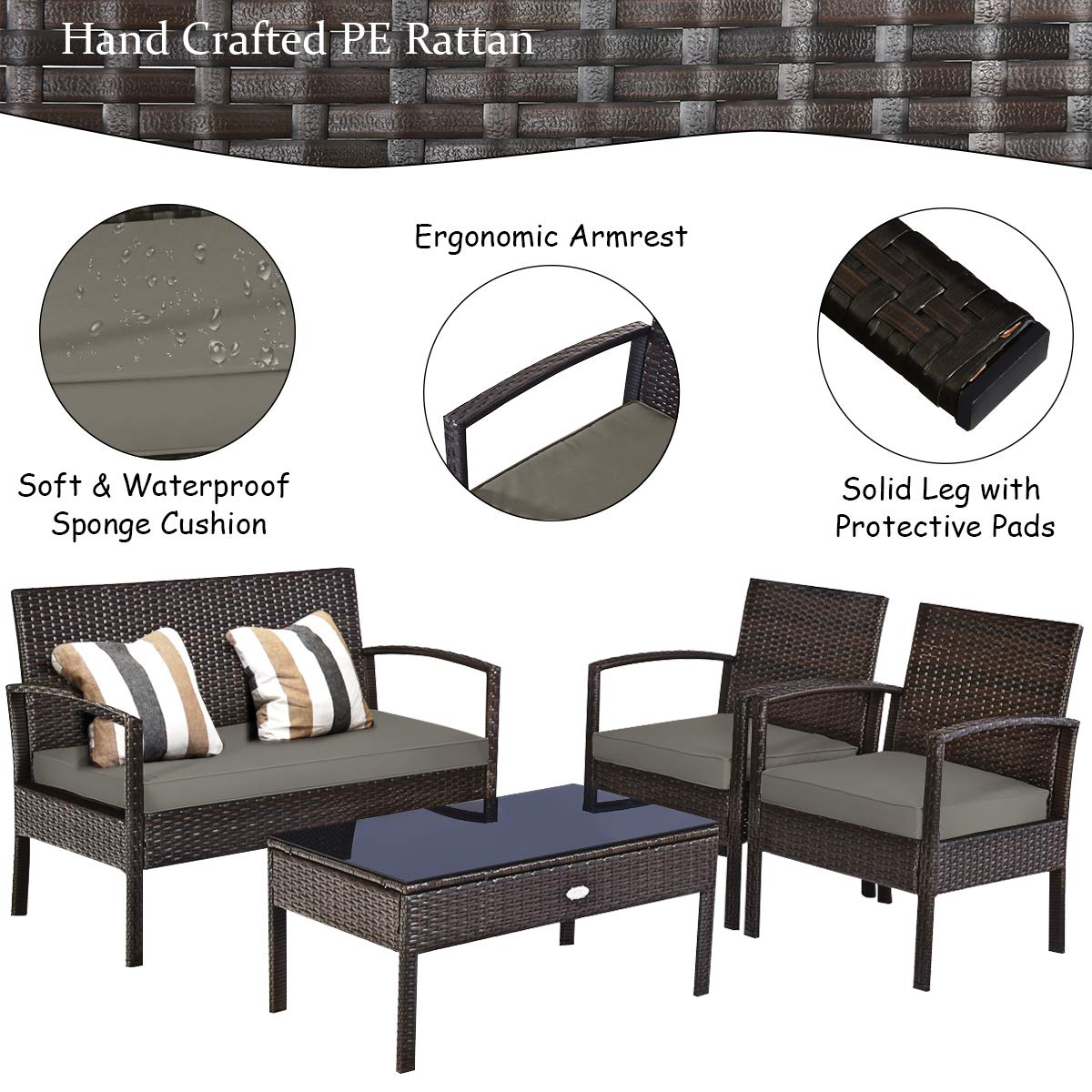 Tangkula 4-PCS Wicker Patio Conversation Furniture Set, Outdoor Rattan Chair and Table Set, Patio Furniture Sets with Coffee Table & Washable Cushions for Courtyard Balcony Garden (1, Brown)