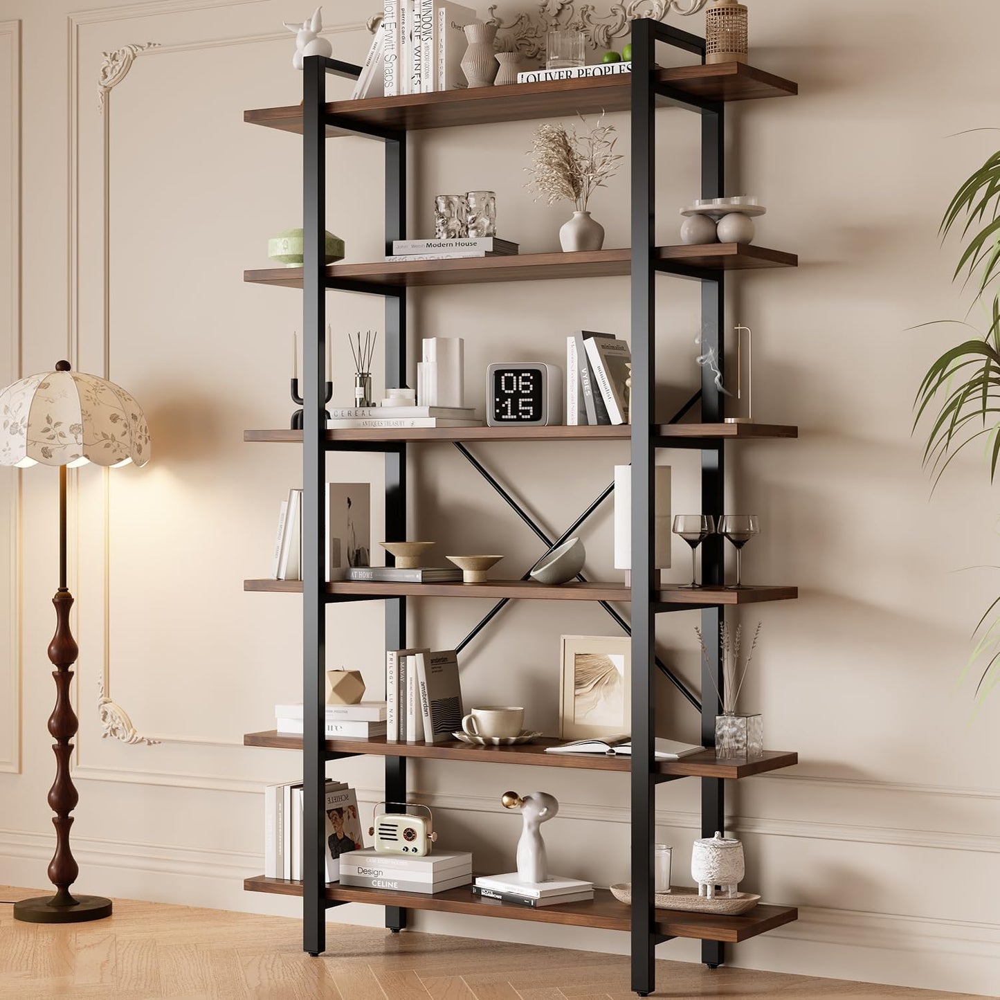 LZ-DONGMAN Bookshelf, Industrial Style Bookcase, Book Rack, Storage Rack Shelves in Living Room/Home/Office, Books Holder Organizer for Books/Movies (6-Tiers)