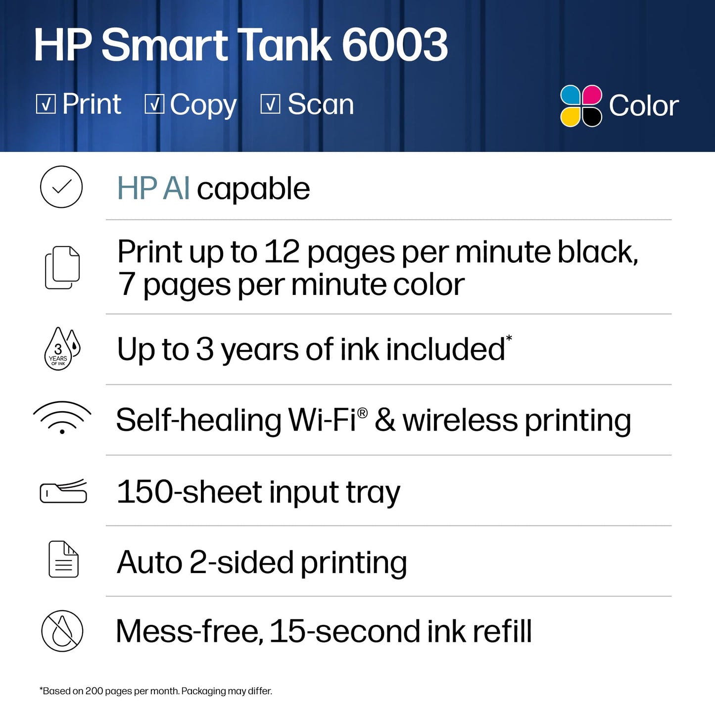 HP Smart Tank 6003 Wireless All-in-One Ink Tank Printer, Scanner, Copier with up to 3 Years of Ink Included, Best-for-Home, Cartridge-Free Refillable, AI-Capable (D35XXA)