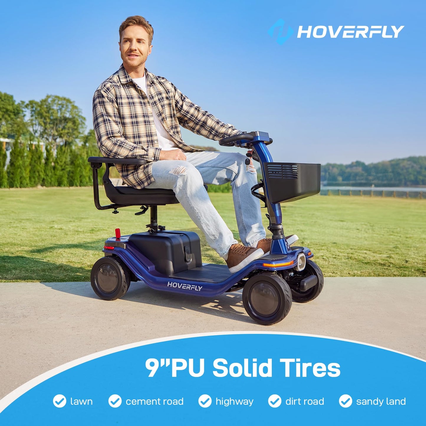 Hoverfly T5 Mobility Scooter for Seniors, Max 16.8-Mile Range & 5 mph, 3-Position Seat & Anti-slip Rear Wheel, Removed Battery & Quick Fold Design, Solid 9" Tire&330 lb Capacity, Ease of Assembly Blue
