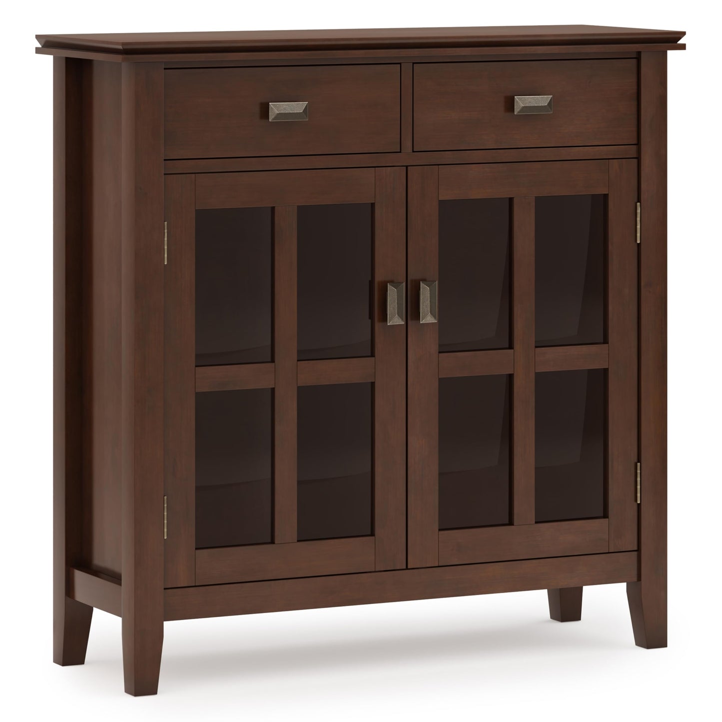 SIMPLIHOME Artisan Storage Cabinet - 36 inch Wide Solid Wood Entryway Cabinet in Russet Brown, Contemporary Console for Living Room or Hallway with 2 Drawers, Adjustable Shelves, and Glass Doors