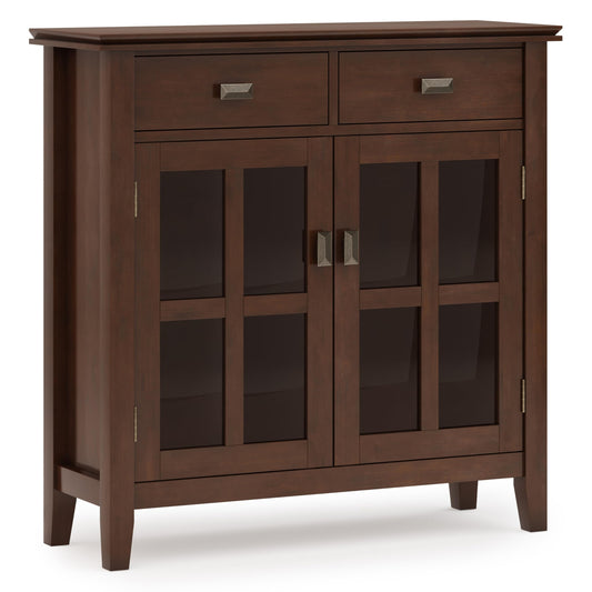 SIMPLIHOME Artisan Storage Cabinet - 36 inch Wide Solid Wood Entryway Cabinet in Russet Brown, Contemporary Console for Living Room or Hallway with 2 Drawers, Adjustable Shelves, and Glass Doors