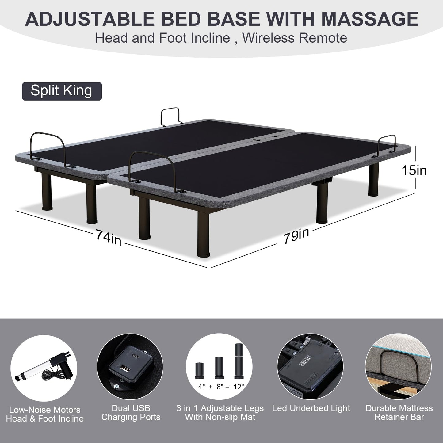 Split King Adjustable Beds with Thickened Frame, Adjustable Bed Frame with with Wireless Remote, Separate Head/Foot Lift, Massage, Zero Gravity,USB Ports, Adjustable Bed Bases with Sturdy Metal