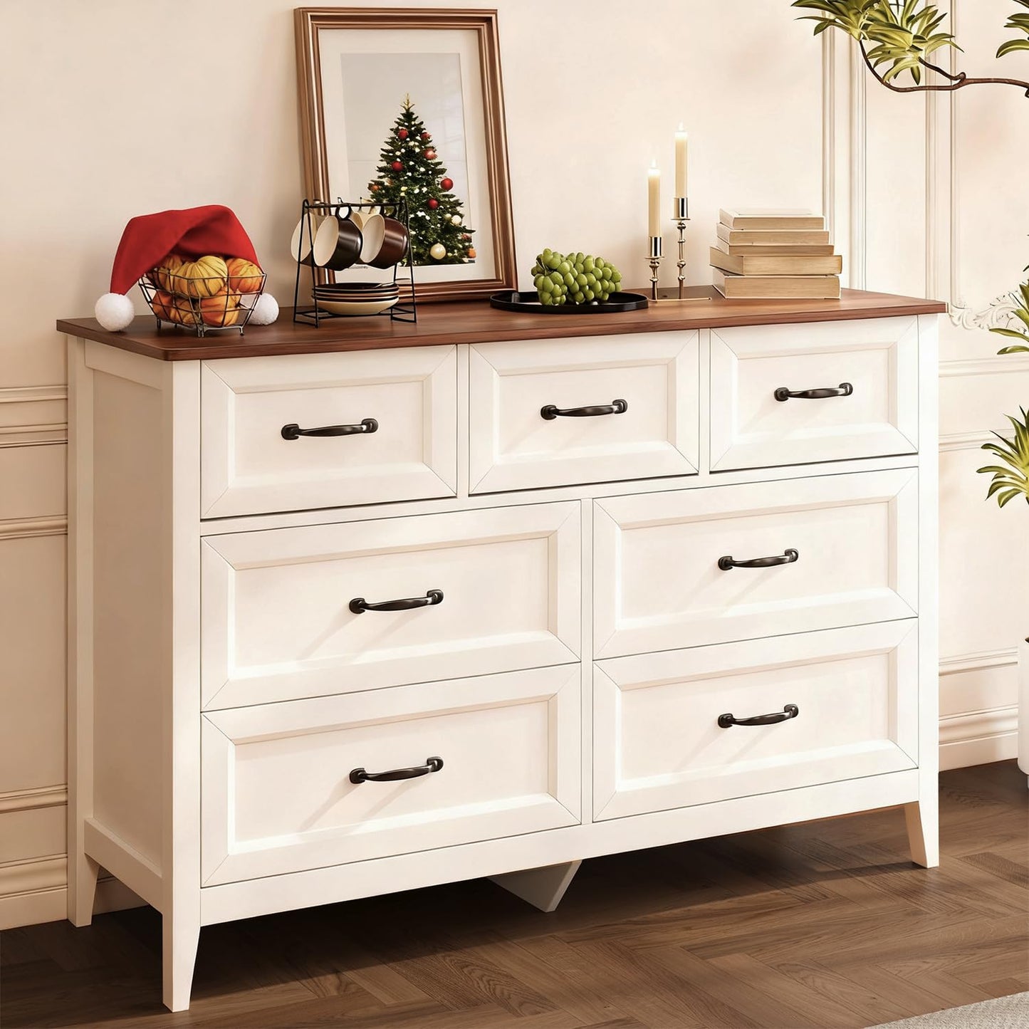 Gizoon Farmhouse 7 Drawers Dresser, White Chest of Drawers with Metal Handles, 47" Wide Wooden Storage Organizer for Bedroom, Hallway, Living Room, Tabletop-Retro