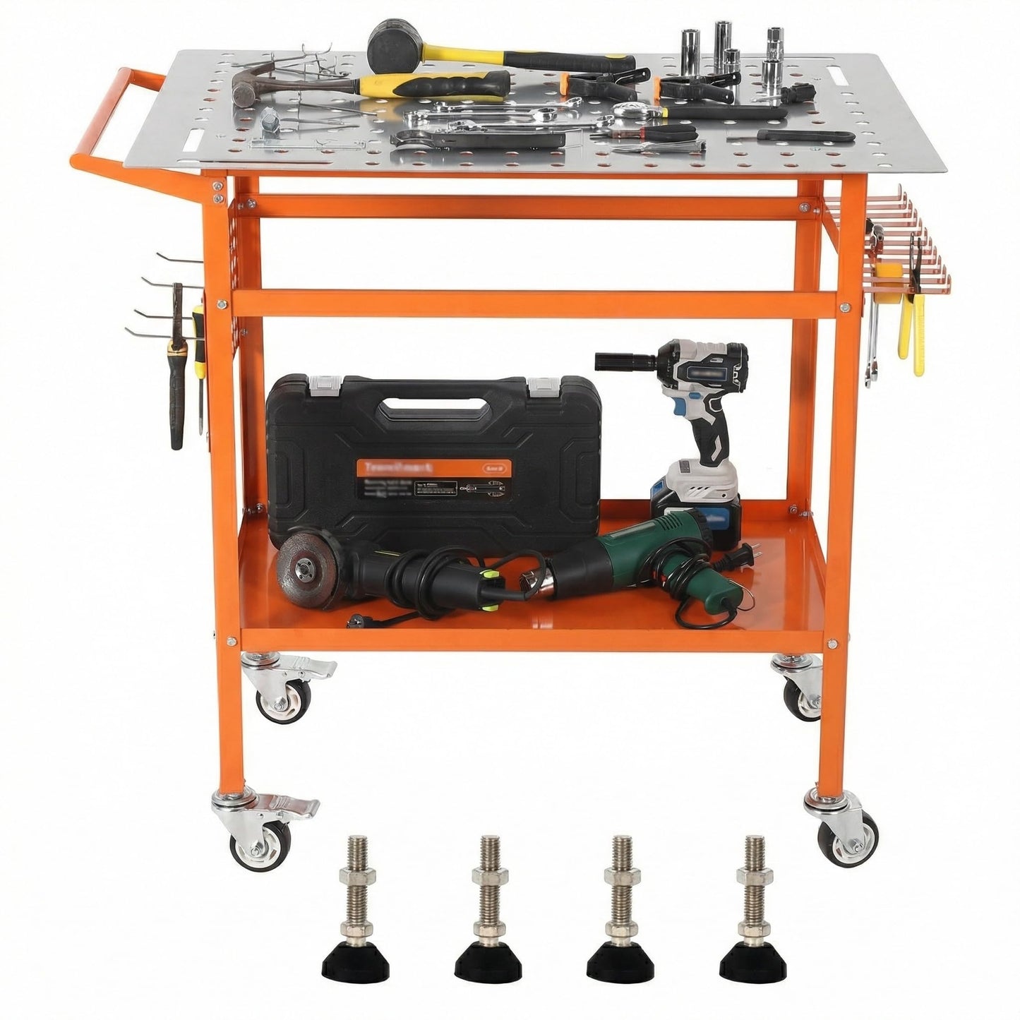 Welding Table, 36" x 24" Welding Workbench with 800LBS Steel Frame, Portable Welding Bench with 2 Brake Wheels & 4 Adjustable Feet, Side Hanging Board, 178 5/8" Fixture Holes for Garage Workshop