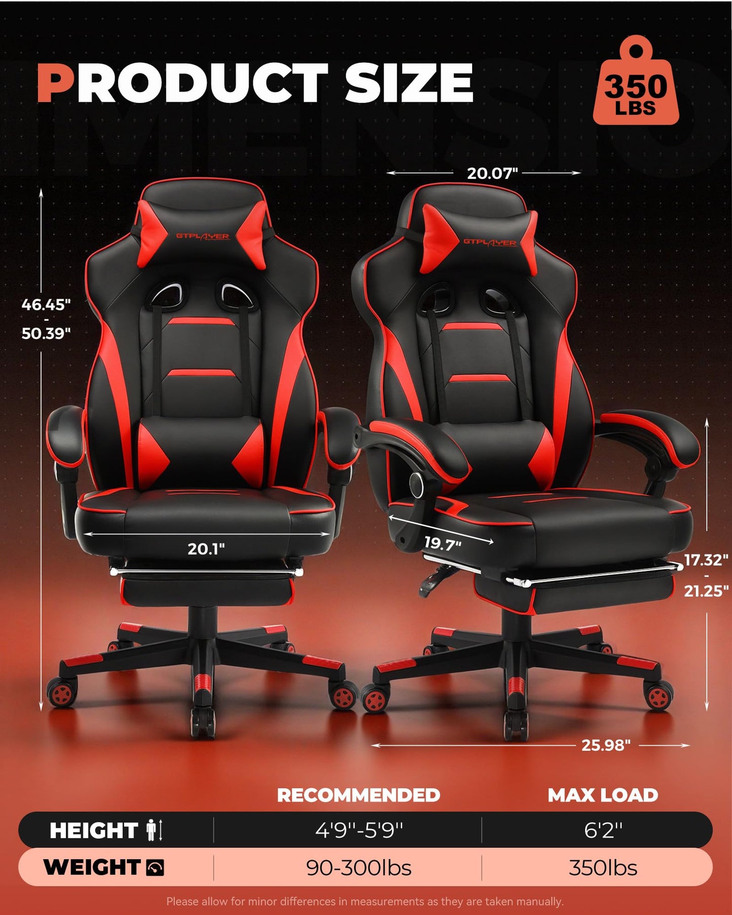 GTPLAYER Gaming Chair with Footrest, Big and Tall Game Chair 350lb Racing Style Computer Chair, Ergonomic Executive Office Chair High Back with Lumbar Support and Recliner, Red