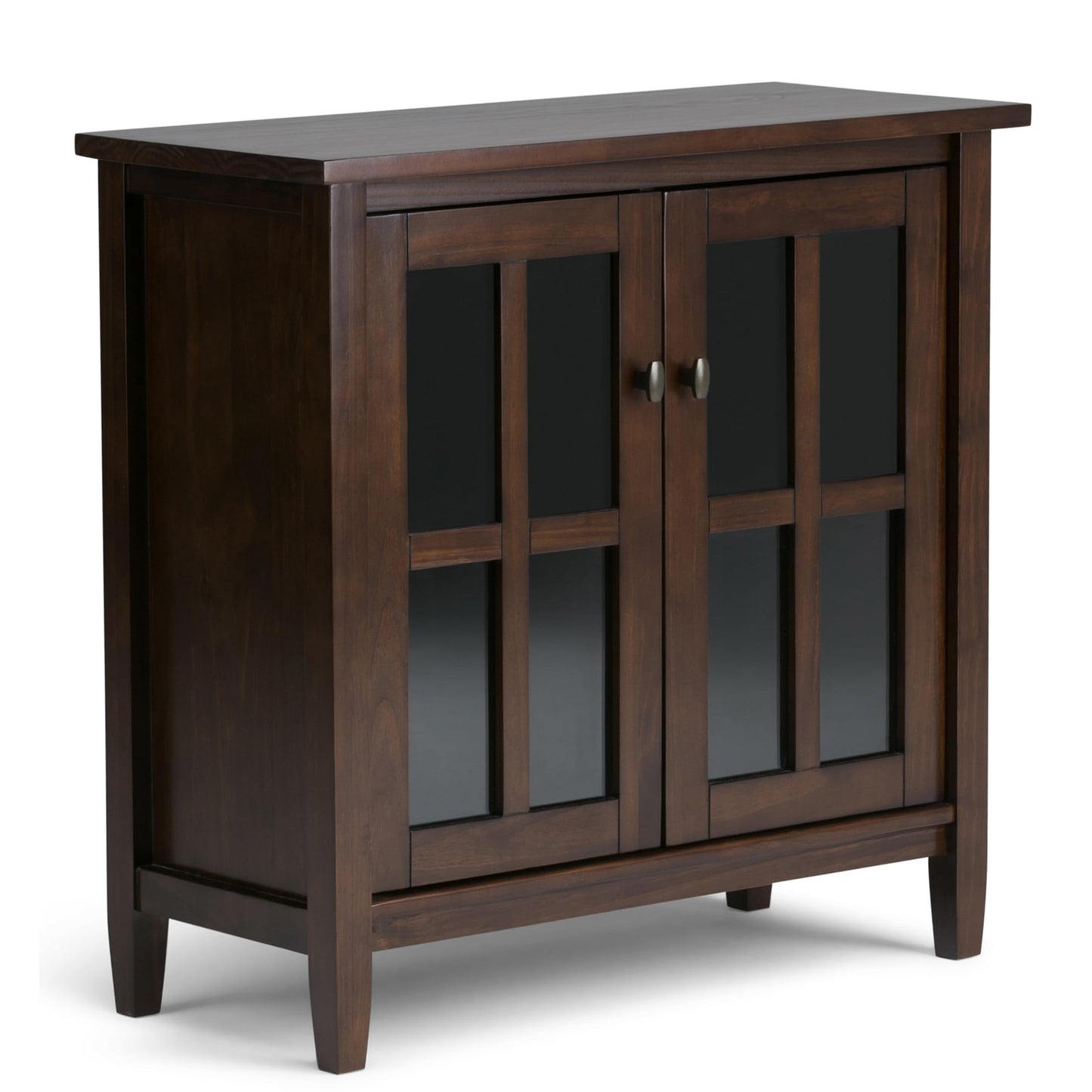 SIMPLIHOME Warm Shaker Storage Cabinet - 32 inch Wide Solid Wood 2-Shelf Low Storage Cabinet in Brunette Brown, Transitional Accent Cabinet for Entryway with Tempered Glass Doors and Shelves