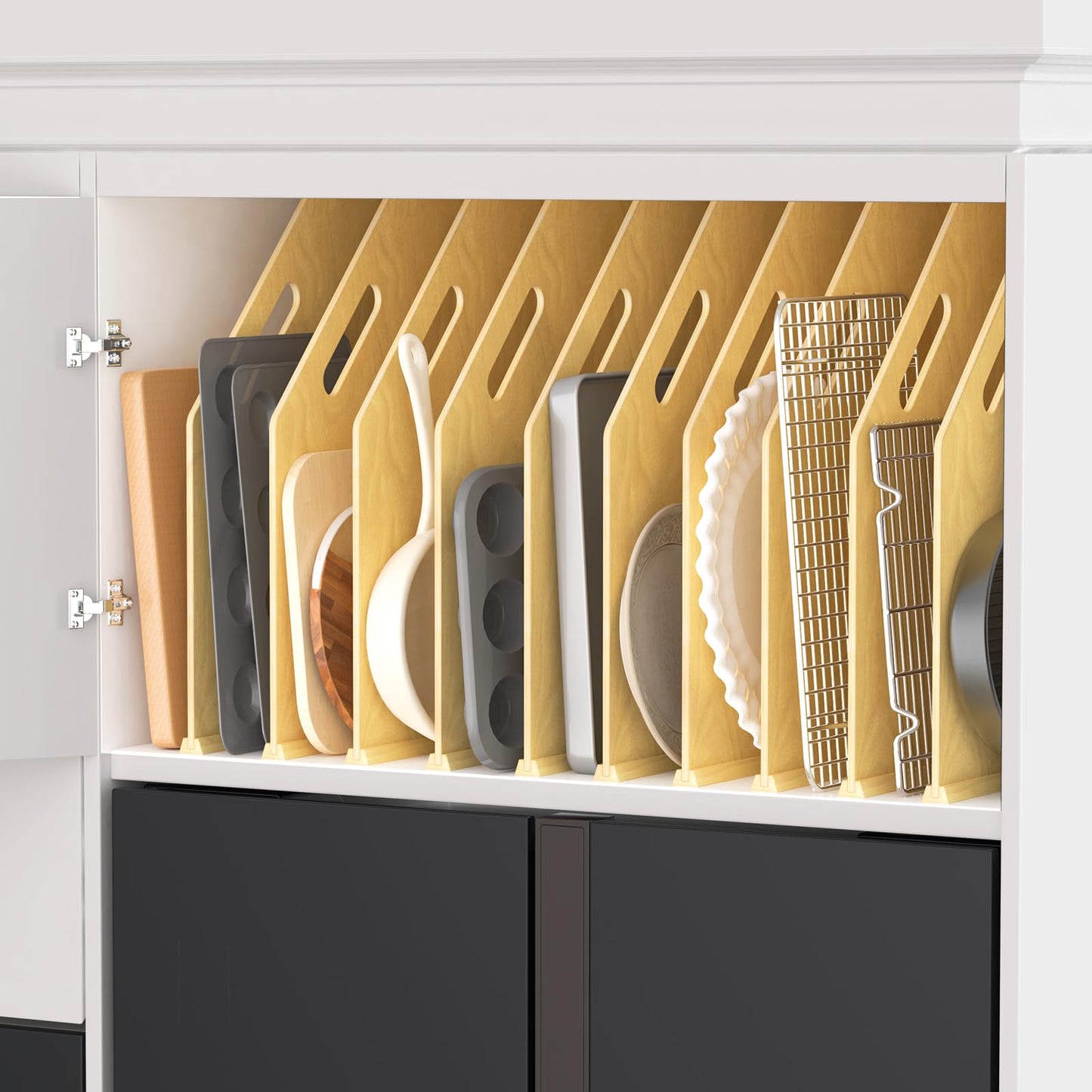 sandpaint 10 Pack Wood Tray Dividers for Cabinet, Cookie Sheet Organizer for Cabinets, No-Cut Kitchen Cabinet Dividers, Cookie Trays for Kitchen, Utility Rooms, Pantry Storage