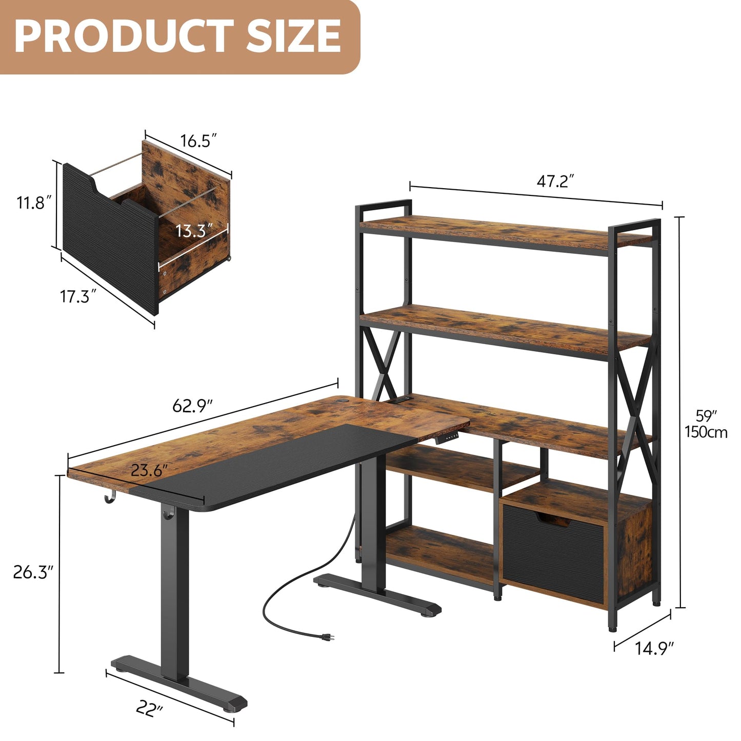 Homiflex 77.8 Inches L Shaped Standing Desk Corner Desk with Hutch Electric Height Adjustable Desk with Storage Shelves File Drawer Power Outlets Reversible Computer Gaming Desk for Home Office, Brown