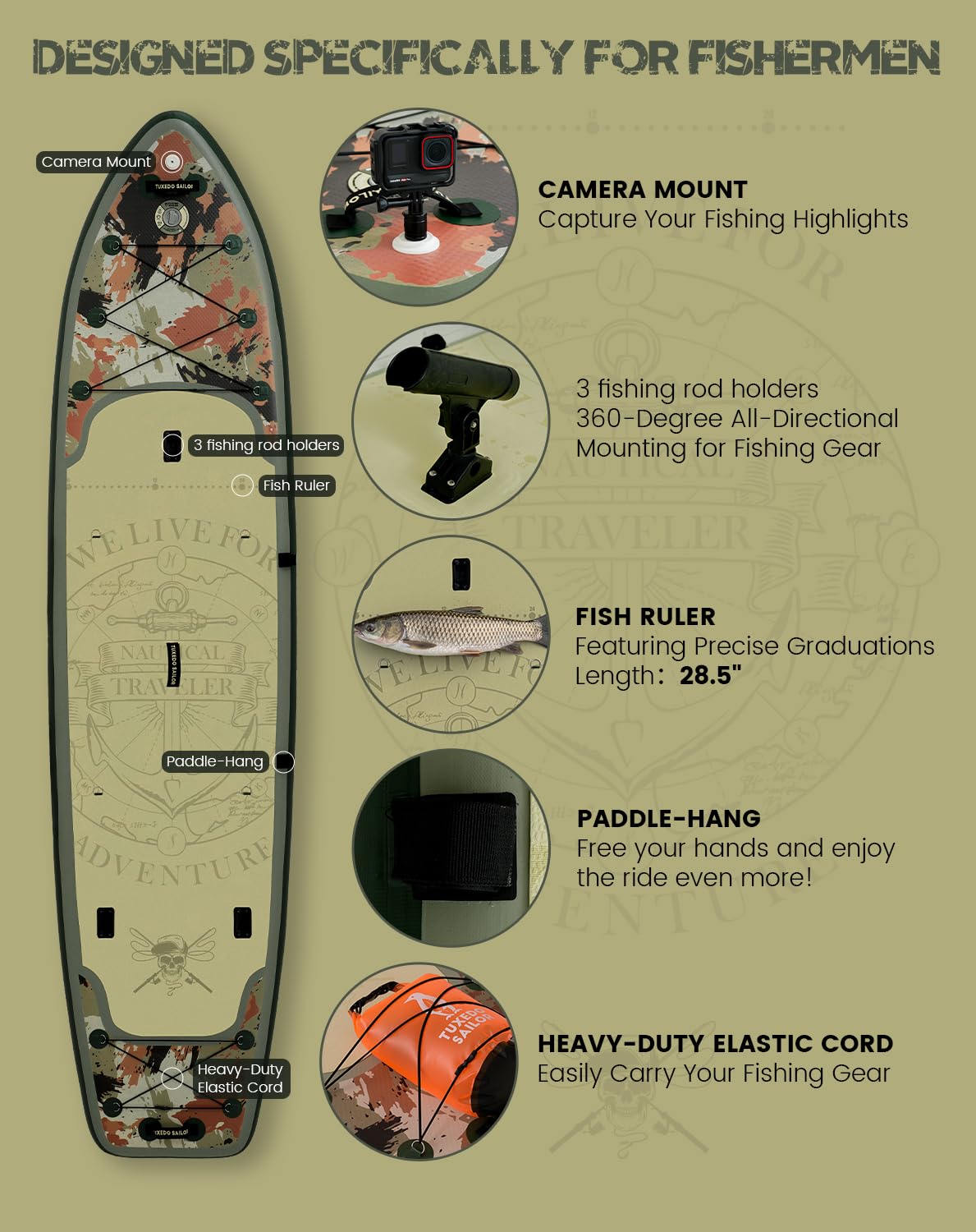 Tuxedo Sailor Large Size Inflatable Fishing 12'×34"×6" Extra Wide Paddle Board, Stand Up Paddleboard Complete Accessories, Fishing Support Bases, Kayak Seat