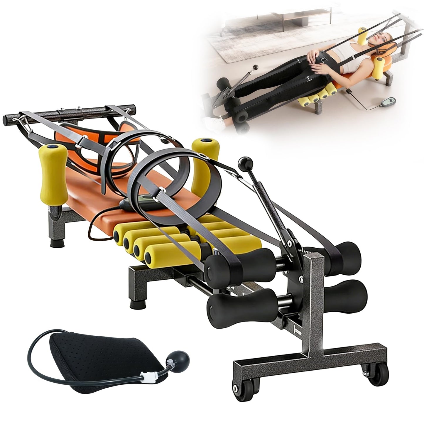Electric Fitness Full Body Traction Table Inline Back Stretcher Bench with Cervical Traction Massage Cervical Bed 286.6 Lbs Weight Capacity for Lower Back Pain Relief (Brown)