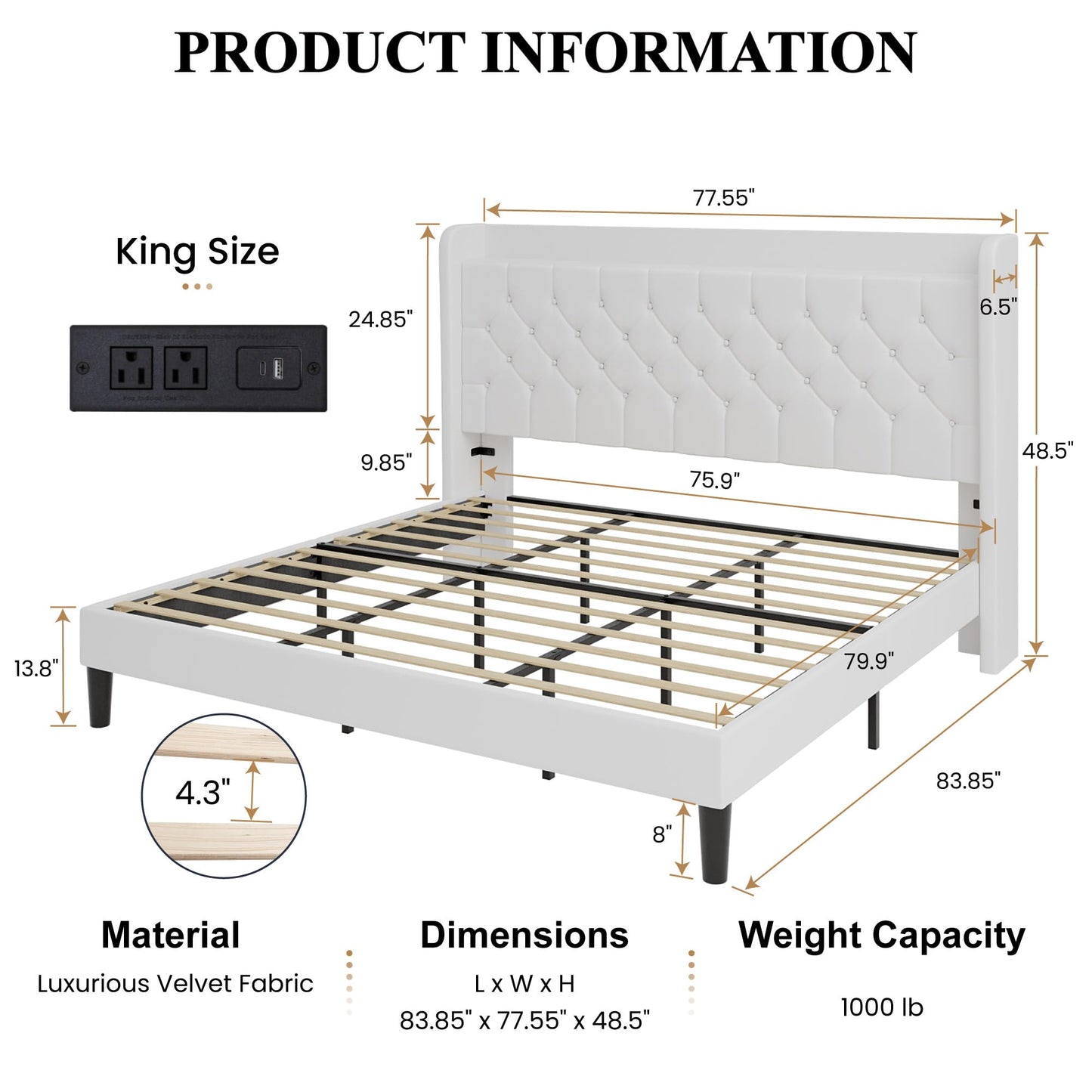 SHA CERLIN King Size Platform Bed Frame with Charging Station, Velvet Wingback Headboard with Storage Shelf, Wooden Slats Support, Ample Under-Bed Space, No Box Spring Needed, Easy Assembly, White