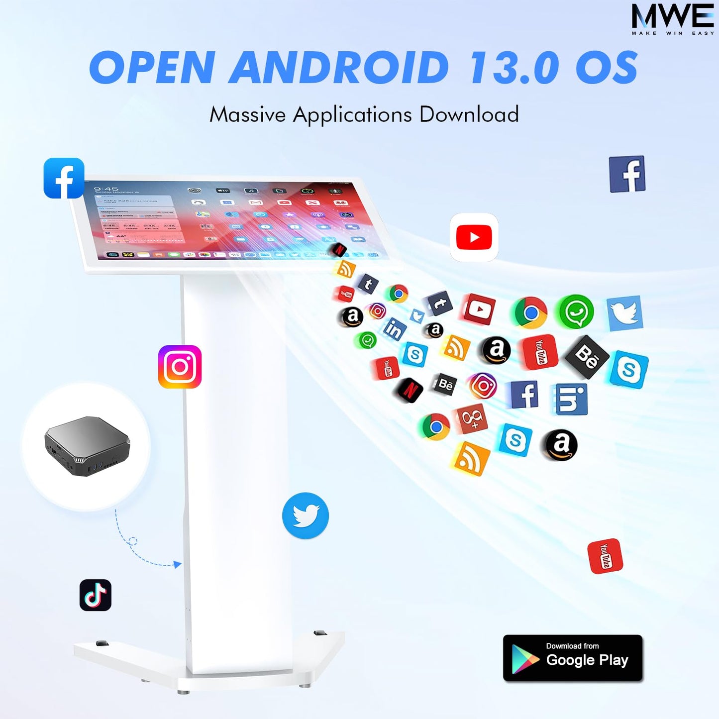MWE 32 Inch Touch-screen Self Service Kiosk, Floor Standing Digital Signage Display, FHD Information Kiosk, 2 Speakers, Interactive Display for Mall Navigation/Self-Ordering/Advertising/Retail Store