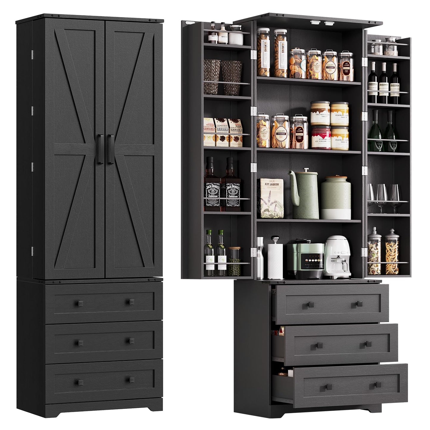 Garvee 72'' Tall Kitchen Pantry Cabinet, Freestanding Tall Cupboard Storage Cabinet with 3 Drawers, Adjustable Shelves, Large Farmhouse Pantries for Living Room, Kitchen, Black