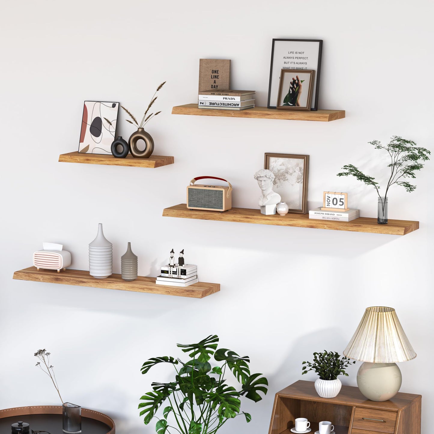 Floating Shelves for Wall, 72"x9.3" Rustic Solid Live-Edge Elm Wood Wall Shelves, Heavy-Duty Floating Shelves with Invisible Brackets for Living Room, Bedroom, and Kitchen, Natural Finish