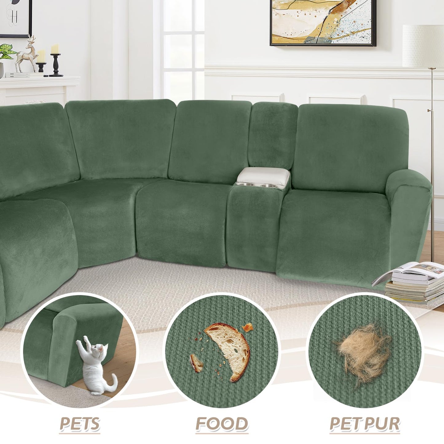 Arfntevss Sectional Recliner Couch Covers Velvet Washable Corner Sectional Sofa Cover for Reclining Stretch Soft Thick L Shape Recliner Slipcover Set (5 Seat with 2 Console Cover, Grayish Green)