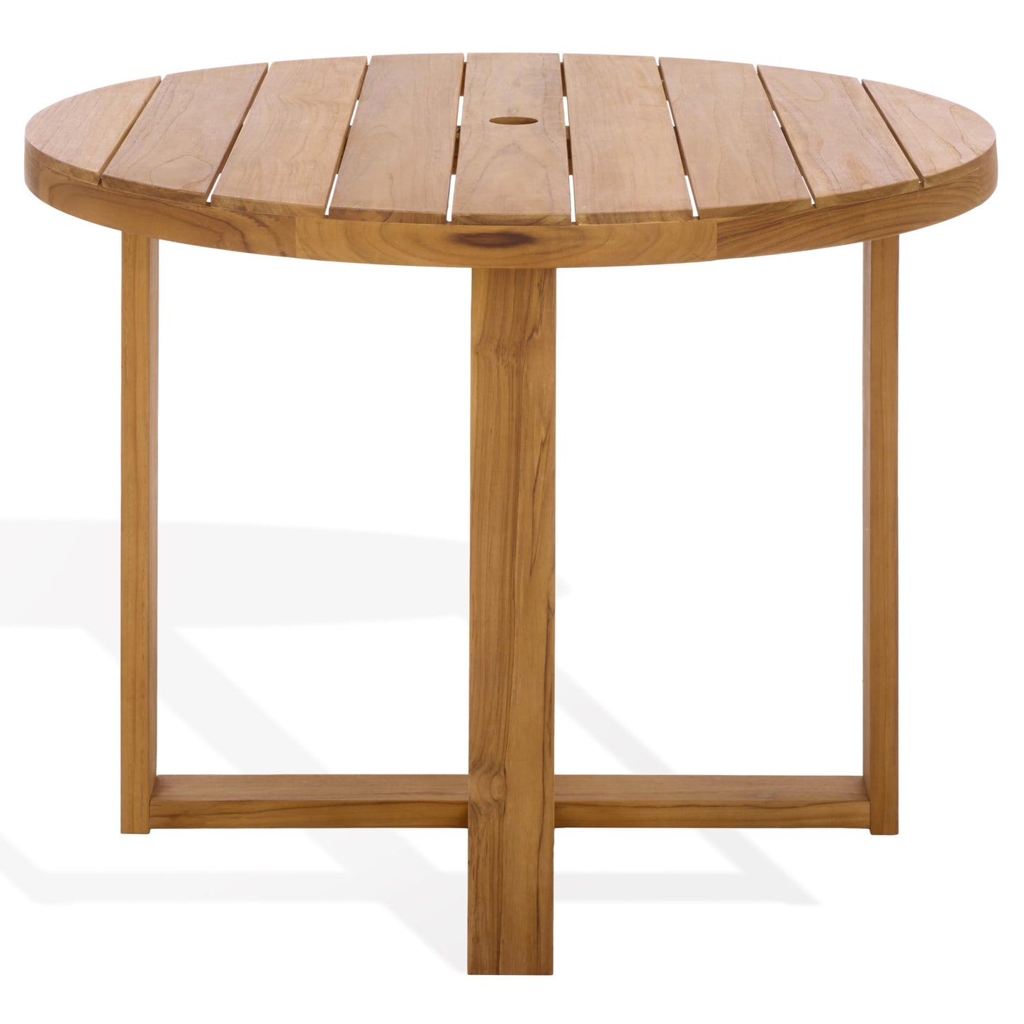 SAFAVIEH Couture Outdoor Patio Furniture Collection – Mayaguana Natural Teak Solid Wood Round Dining Table, Slatted Top with Umbrella Hole, Modern Outdoor Design (CPT1061A)