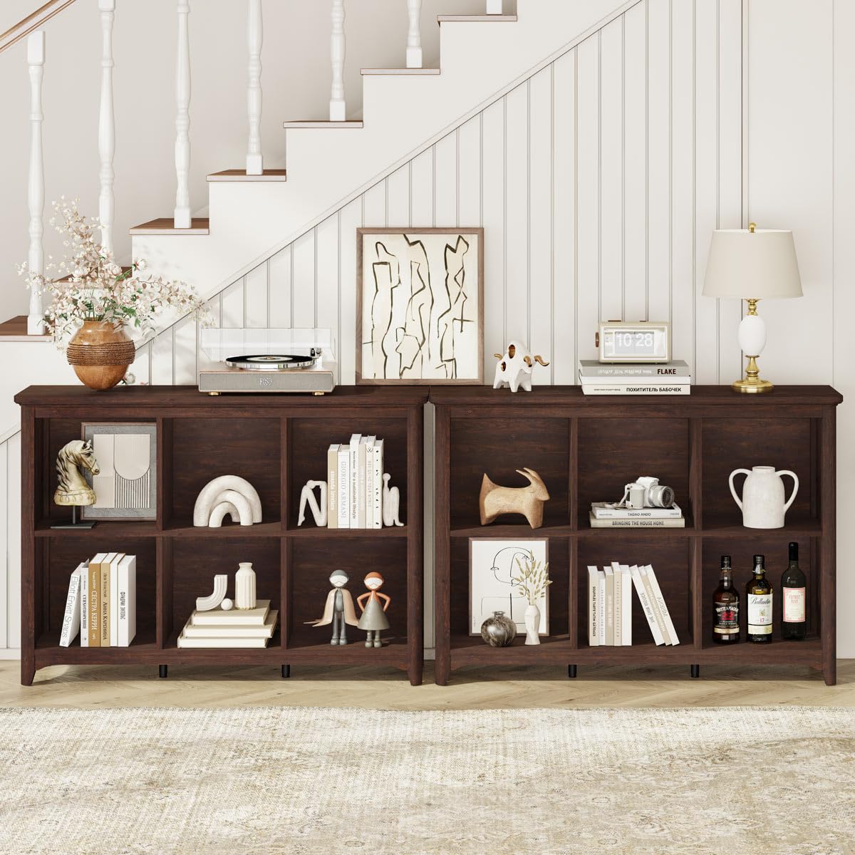 BON AUGURE 6 Cube Storage Organizer Book Shelf, Horizontal Bookshelf with Round Corners, Rustic Low Wooden Bookcase for Living Room, Bedroom, Office - Brown Cherry, 43" Wide