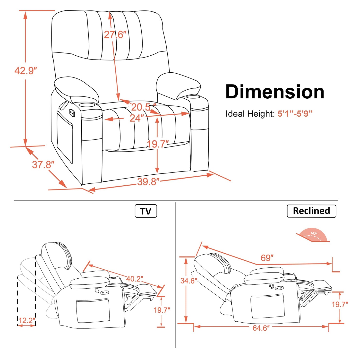 MCombo Oversized Swivel Glider Rocker Power Recliner Chair for Living Room with Heat and Vibration Massage, USB Ports, Cup Holders and Pockets, Faux Leather 7785 (Chocolate Brown)