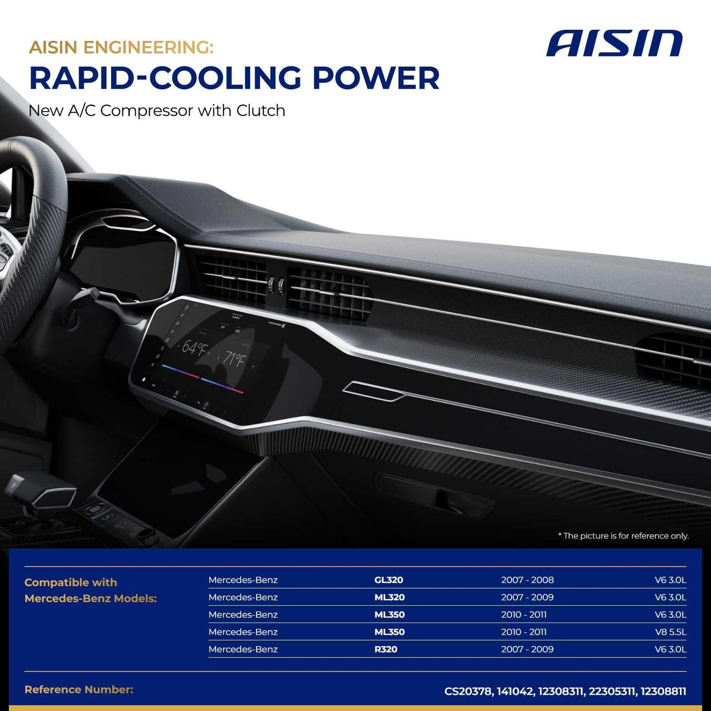 AISIN AFTERMARKET ACCMB-00933 Air Conditioner AC Compressor - Compatible with Mercedes-Benz ML350 2010-2011 3.0L 5.5L, ML320 R320 2007-2009 GL320 2007-2008 3.0L - with 8-Pulley Groove, with Clutch