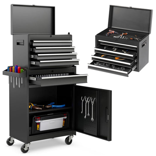 Rovibek Rolling Tool Chest, 5-Drawer Rolling Tool Chest with Detachable Top Toolbox, Lock Bar, Tool Rack, Metal Tool Box for Garage Workshop Warehouse, Black
