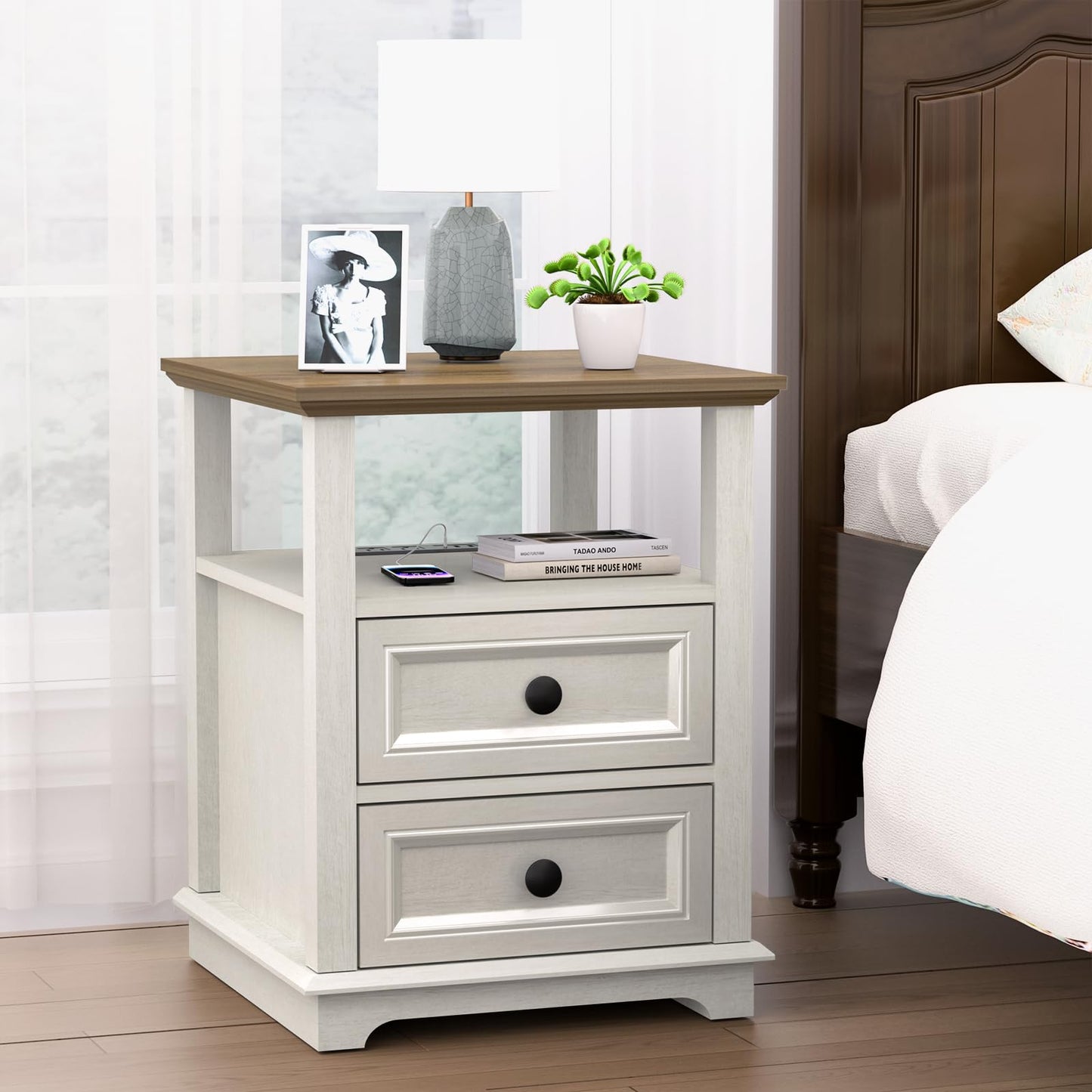 REDAYFUR 24” Tall Nightstand with Charging Station, 18” Bedside Table with Drawers,Rustic Wooden Storage Cabinet with Open Shelf for Bedroom,White