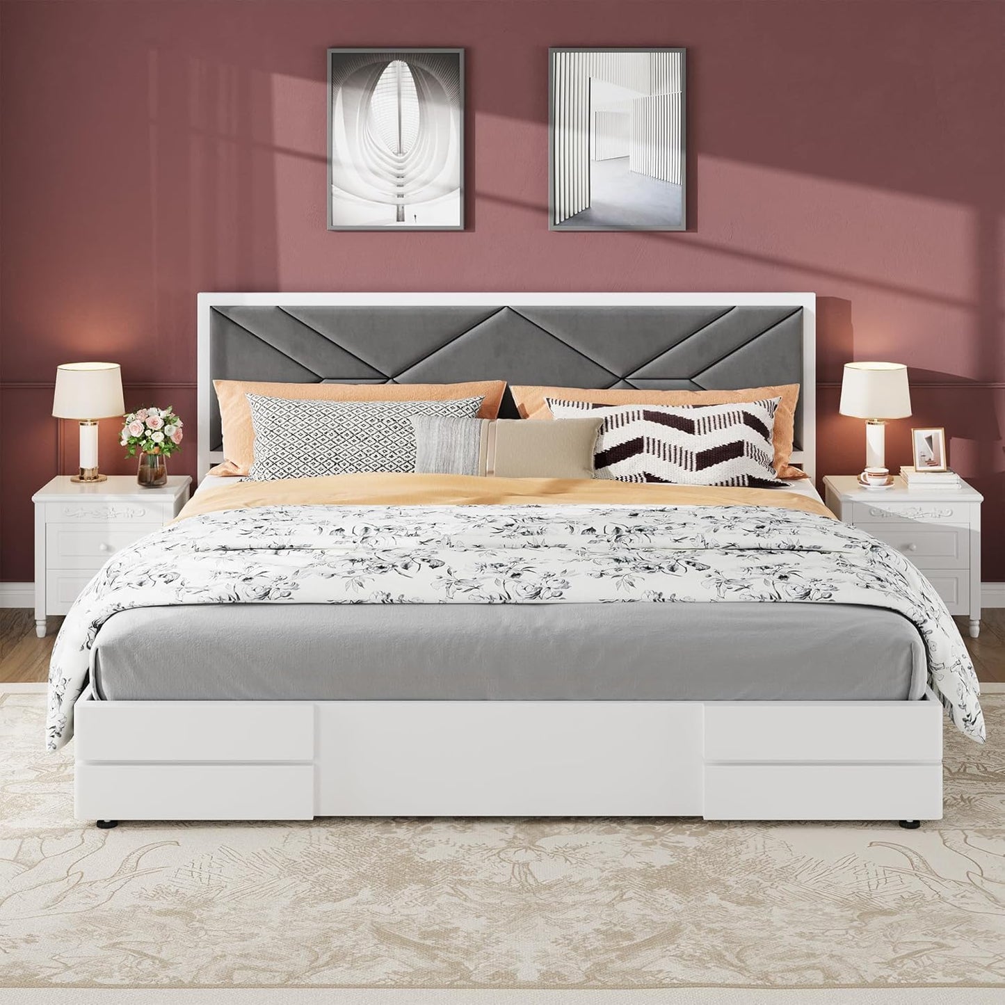 Garvee Full Size Upholstered Bed Frame, Tufted Design Soft Headboard, Wooden Slat Support, Mattress Foundation No Box Spring Needed, Stable & Quiet Full Bed Frame for Bedroom, Easy Assembly, White