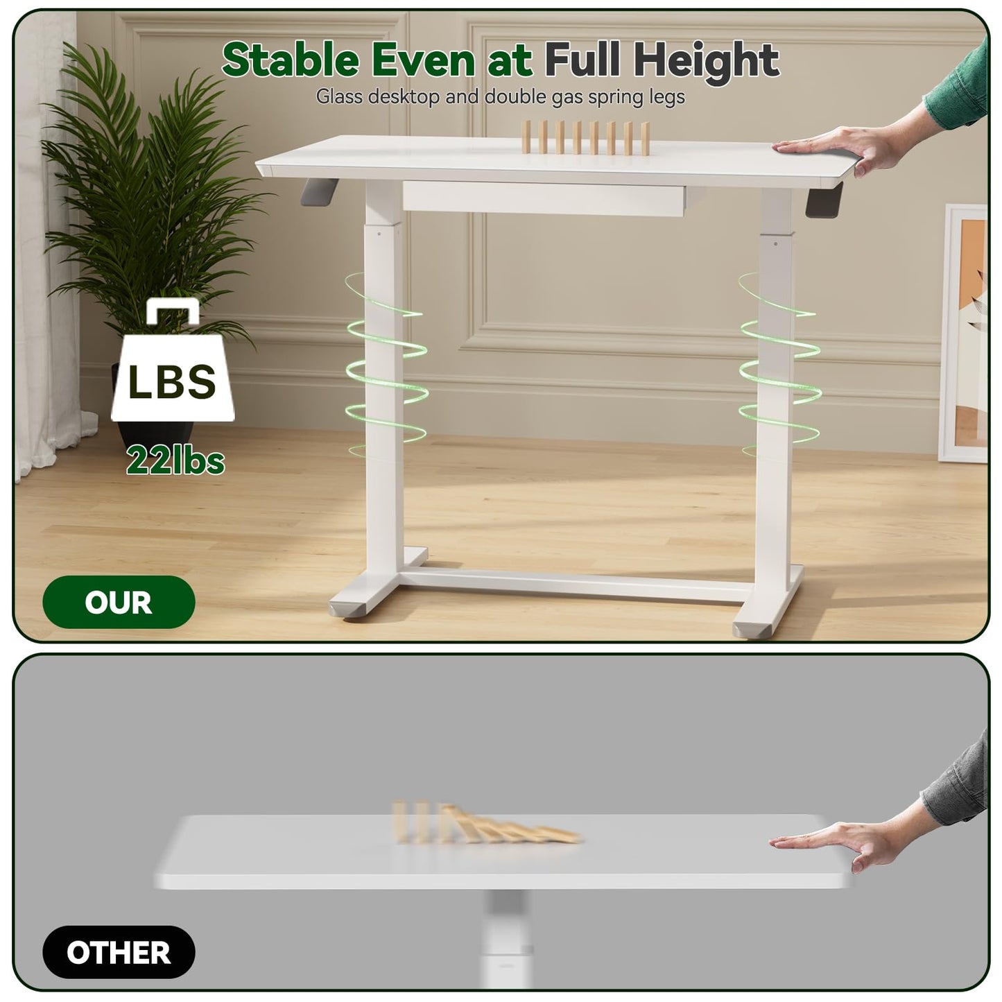Gibbon Mounts Glass Standing Desk with Drawers, 35inch Small Mobile Laptop Desk, Height Adjustable Rolling Sit Stand Desk, White Pneumatic Portable Computer Desk with Hidden Wheels or Lockable Casters