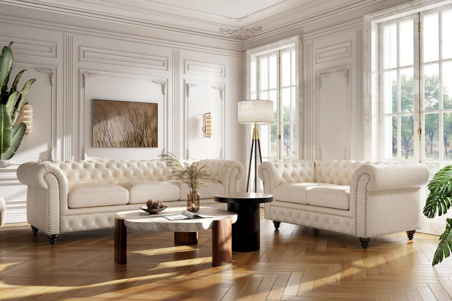 Valencia Parma Chesterfield Loveseat 64" | Premium Full-Aniline Leather | Mid-Century Accent Chair with Classic Button Tufted Back and Wood Legs for Living Room, Antique White