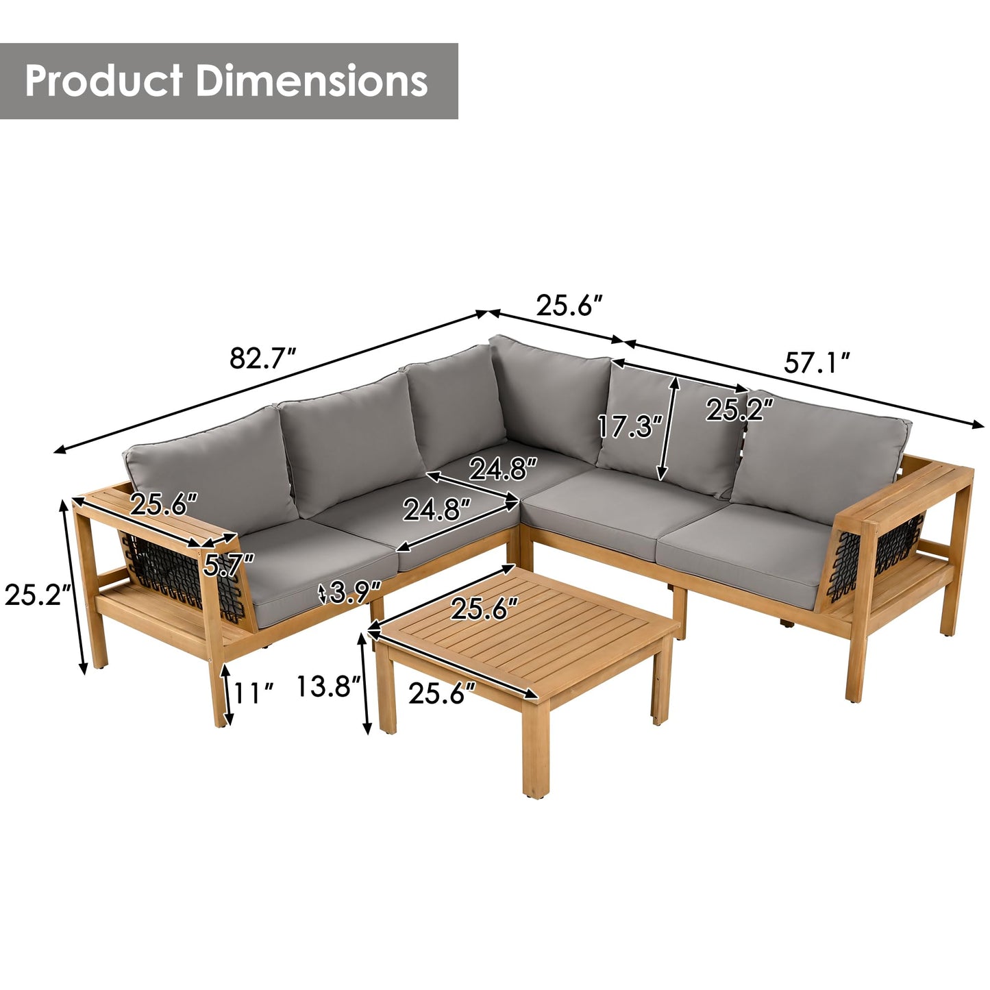 Merax 4 Pieces Patio Furniture Set, Outdoor L-Shaped Sectional Sofa Set with Coffee Table, Acacia Wood Conversation Seating & Thick Cushions and Side Table, for Backyard, Garden and Poolside, Grey