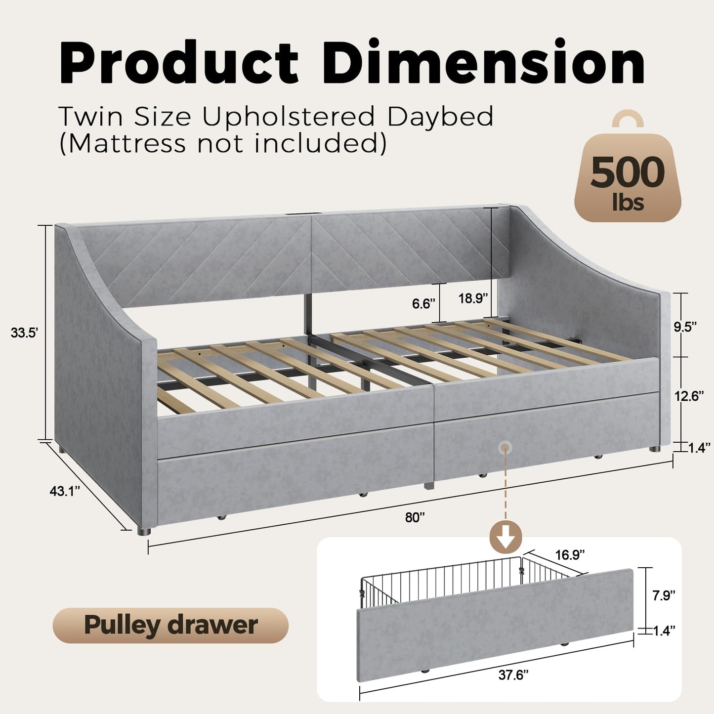 Mashomdec Twin Size Daybed with 2 Storage Drawers, Upholstered Daybed Frame with Charging Station, Heavy Duty Sofa Bed for Bedroom, Living Room, No Box Spring Needed,Easy Assembly