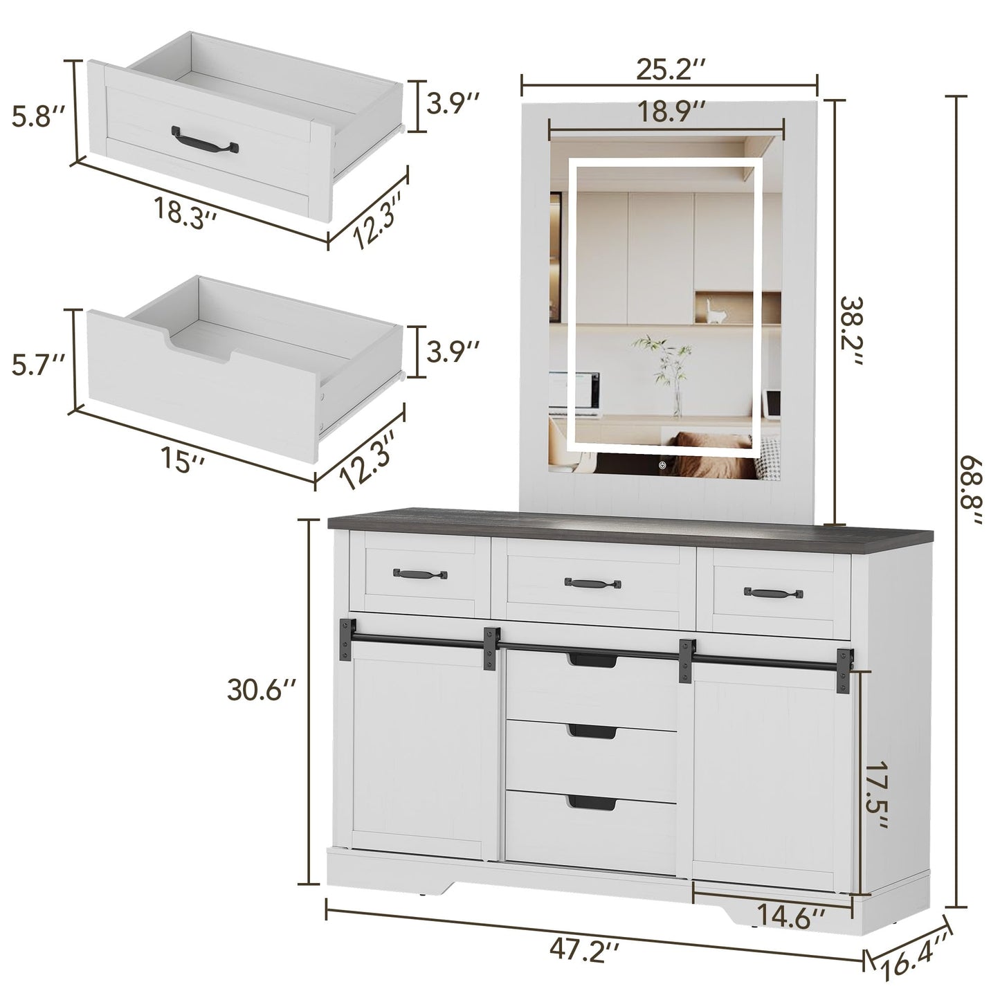 GarveeHome 47.2 in Farmhouse Buffet Cabinet, Sideboard Cabinet with LED Mirror, White Coffee Bar with 6 Drawers for Dinning Room, Kitchen, Living Room
