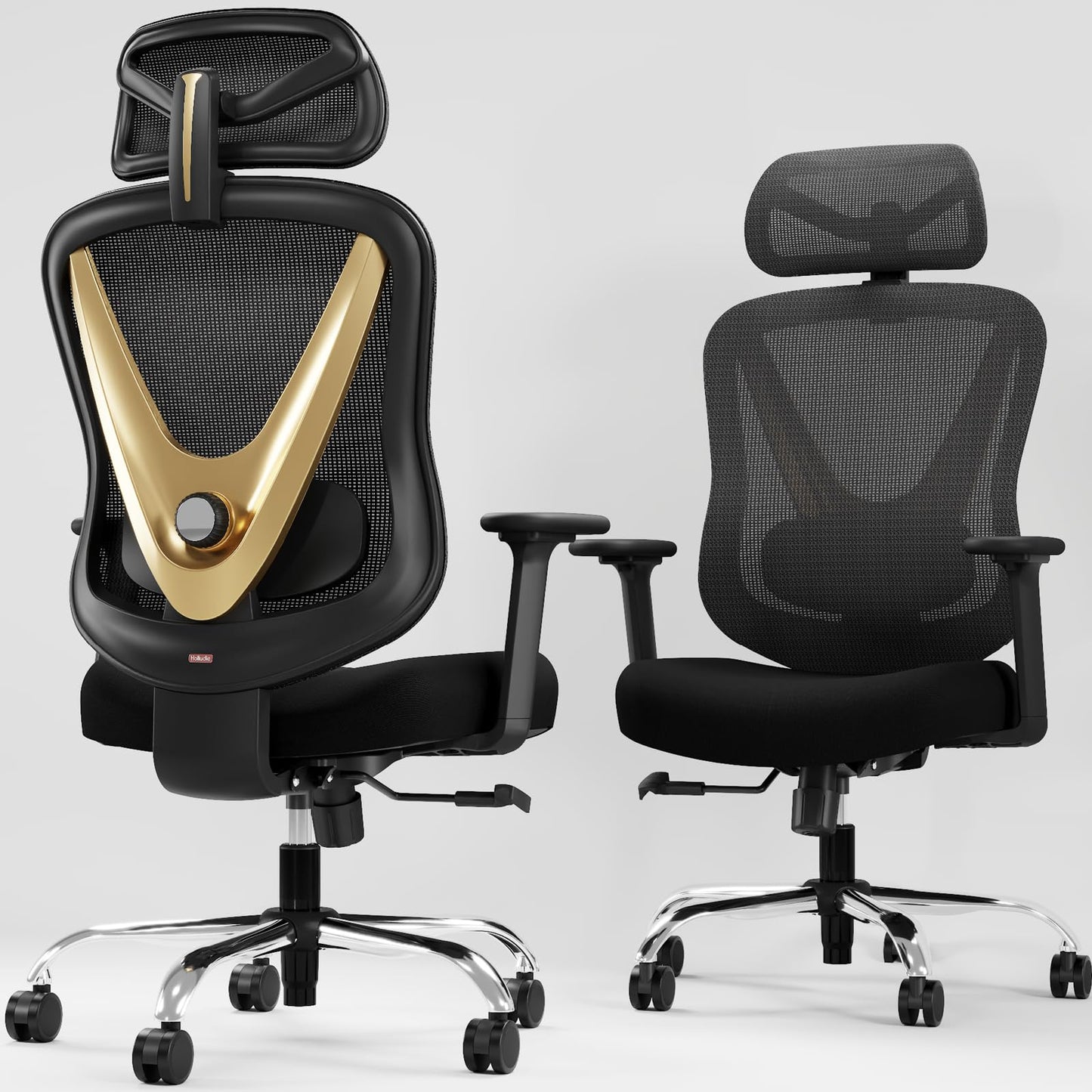 HOLLUDLE Ergonomic Mesh Office Chair - 3D Adjustable Lumbar Support & 3D Armrests, V-Shaped Back, Adjustable Desk Chair for Office & Home, Black and Gold