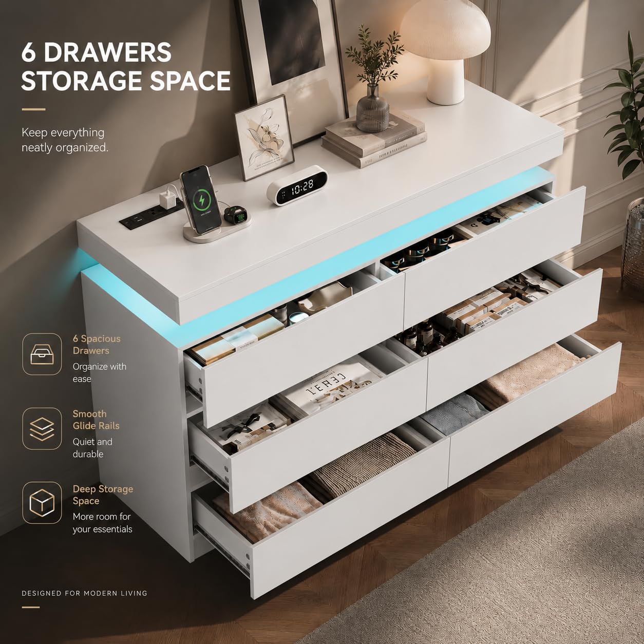 OneBlis 6 Drawer Dresser with LED Lights & Charging Station, Modern Floating White Dresser for Bedroom, Smart Storage Chest with 2 AC Outlets & USB Ports for Living Room, Closet, Entryway