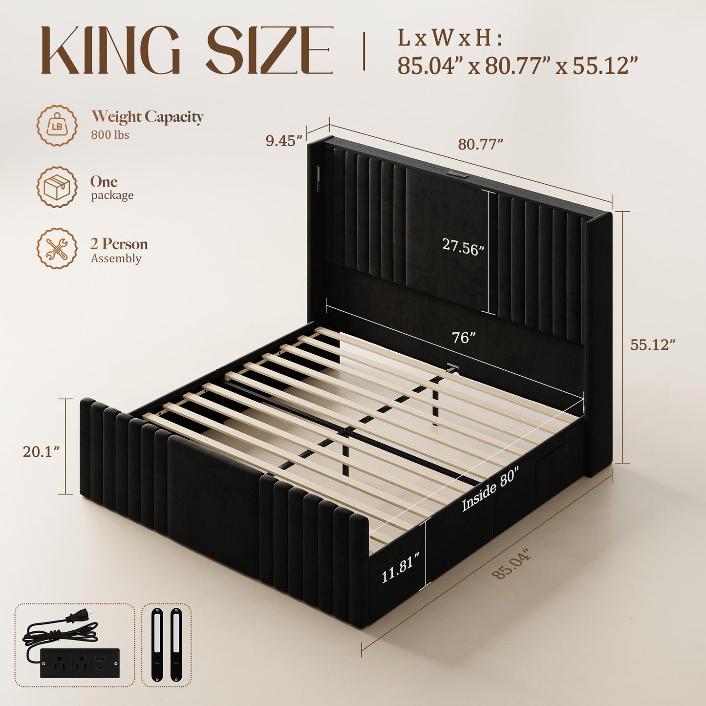 Uteeran King Size Bed Frame with 55.1" Tall Headboard, Velvet Upholstered Platform Bed with Channel Tufted Wingback, 2 Reading Lights/Storage Shelf/Charging Station/Easy Assembly/Noise-Free, Black