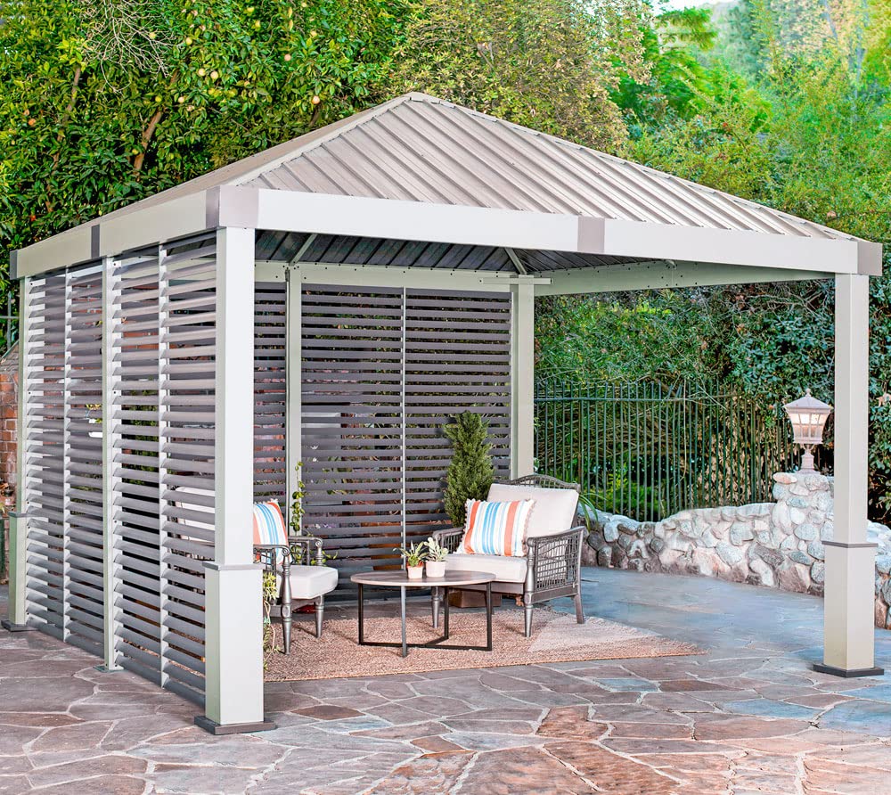 Sojag 12' x 12' Nanda Hardtop Gazebo Outdoor Weather-Resistant Aluminum Frame Shelter with Mosquito Net Champagne