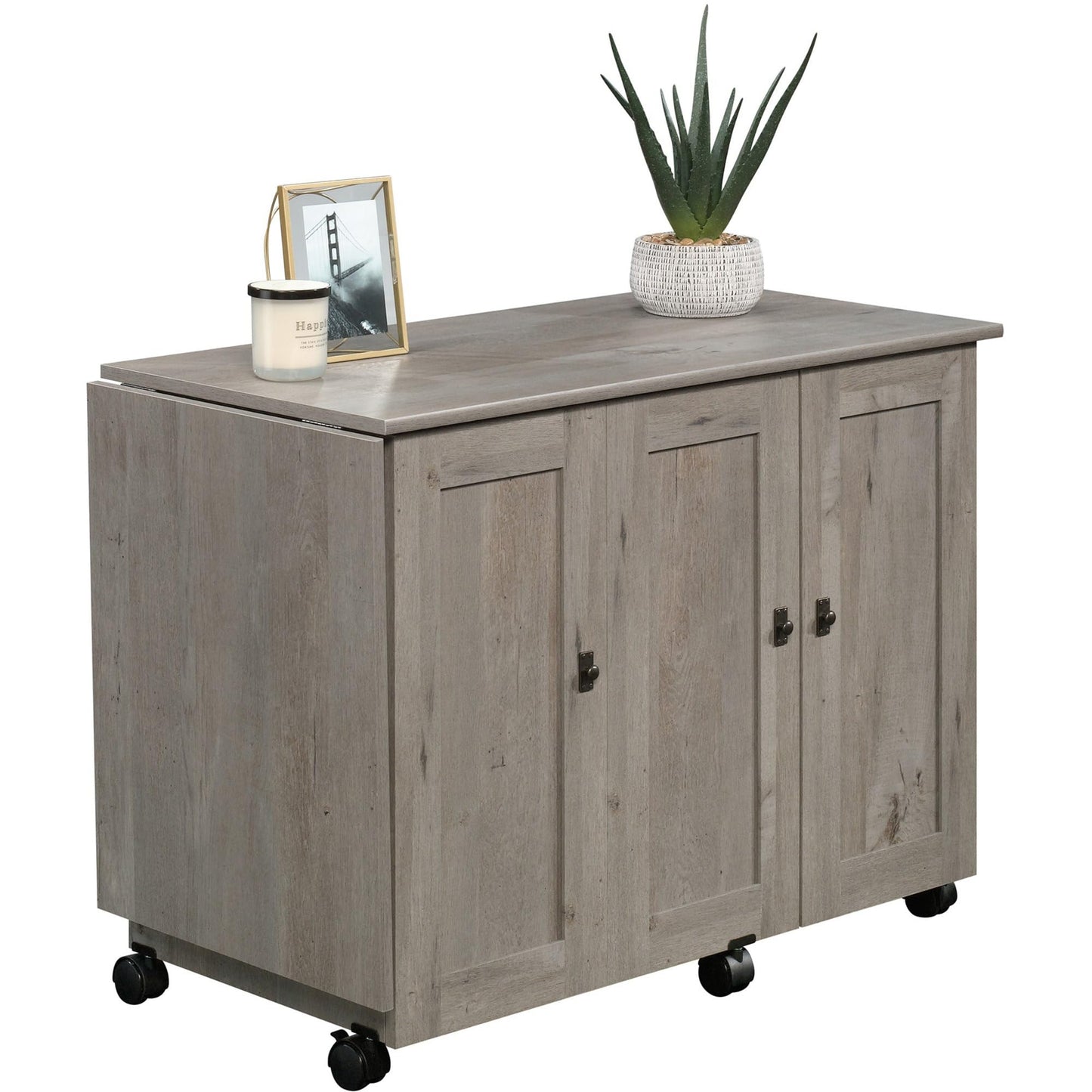 Sauder Craft Cart Storage Cabinet, Rolling Sewing Table with Expandable Top, Mystic Oak