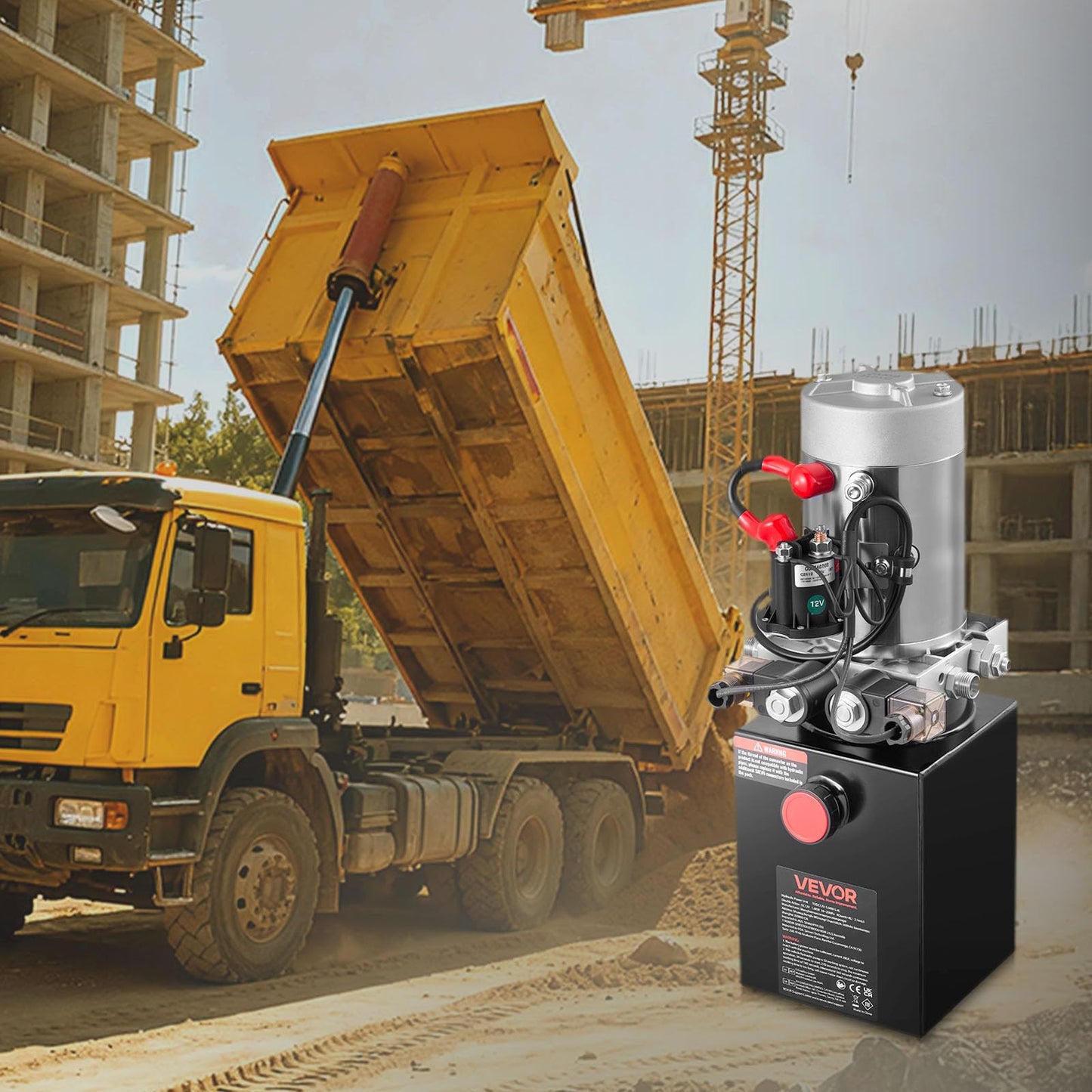 VEVOR 4 Quart Hydraulic Power Unit, Double Acting Dump Trailer Pump, 3200 PSI Max Relief Pressure & 0.91 GPM Flow Rate, DC 12V Hydraulic Pump with Metal Reservoir for Dump Trailer Car Lifting, Black