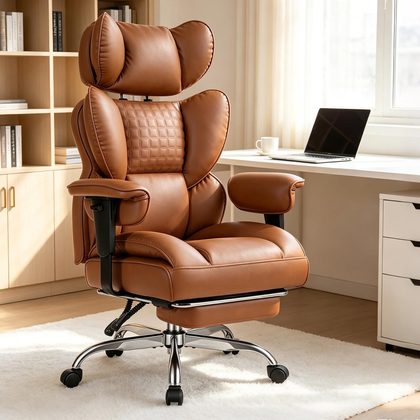 Big and Tall Office Chair 350 LBS, Scratch-Resistant PU Leather Executive Office Desk Chair with Footrest, Ergonomic Reclining Computer Chair with Pocket Spring Support for Home Office, Brown