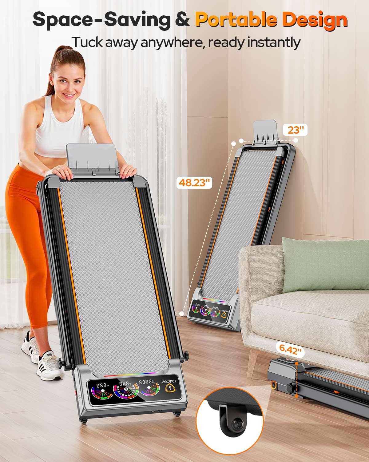Walking Pad with 15% 12-Level Auto Incline & Handle Bar, Trisomy Foldable Under Desk Treadmill, 450 LBS Capacity Treadmills for Home Hiking with UI Screen, Bluetooth Speaker, Remote, RGB Light