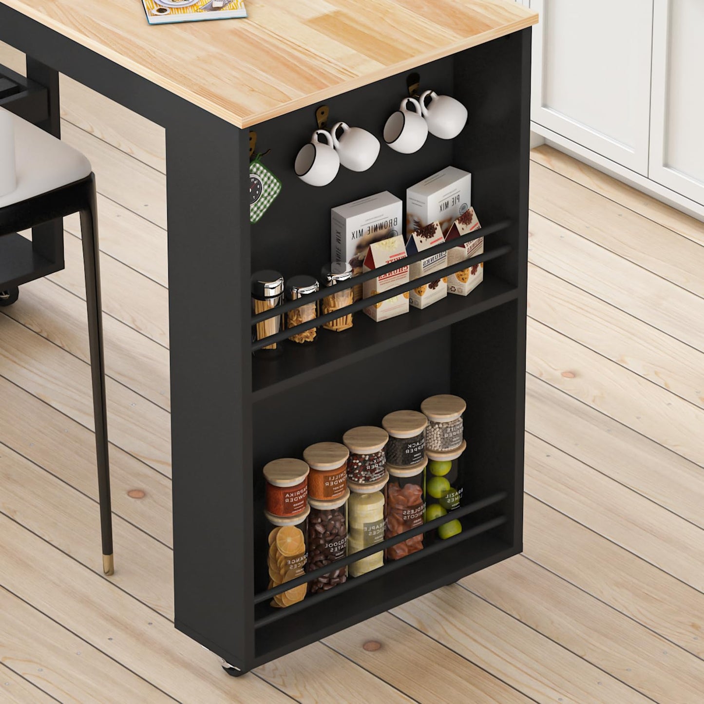 CayugaCrekrd 81.5" Kitchen Island with Extendable Dining Table, Rolling Kitchen Cart on Wheels with Spice Rack, Drawer and Door Cabinet for Dining Room, Black