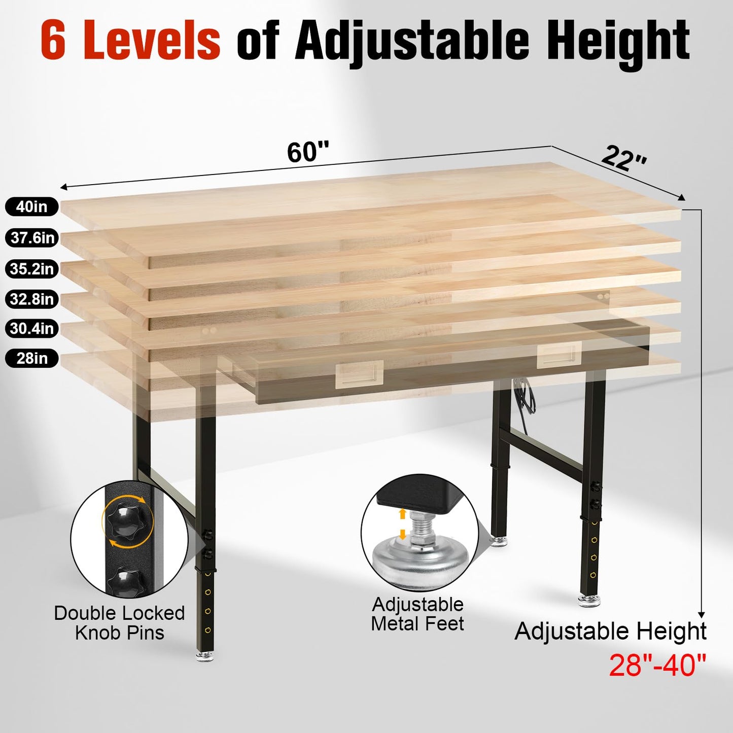 MUWOOD 60" Workbench with Drawers, Work Benches for Garage with Strip Light, Adjustable Work Table with Large Pegboard, 2000 LBS Heavy Duty Table with Power Outlet Rubber Wood for Garage