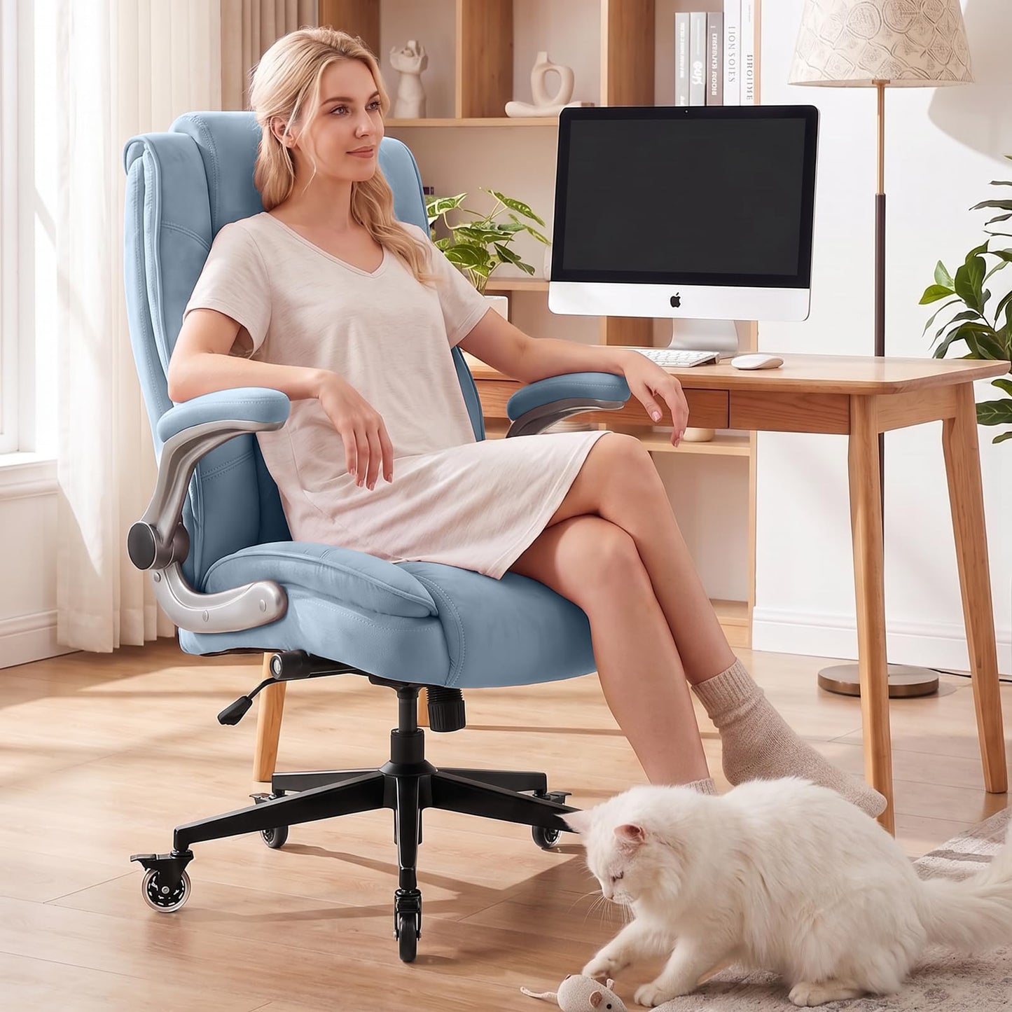 Fabric High Back Office Chair with Lockable Quiet Casters, Thick Padded Ergonomic Computer Chair- Adjustable Lumbar Support & Flip-Up Arms, Wide Executive Desk Chair for Back Pain, 400LBS Capacity