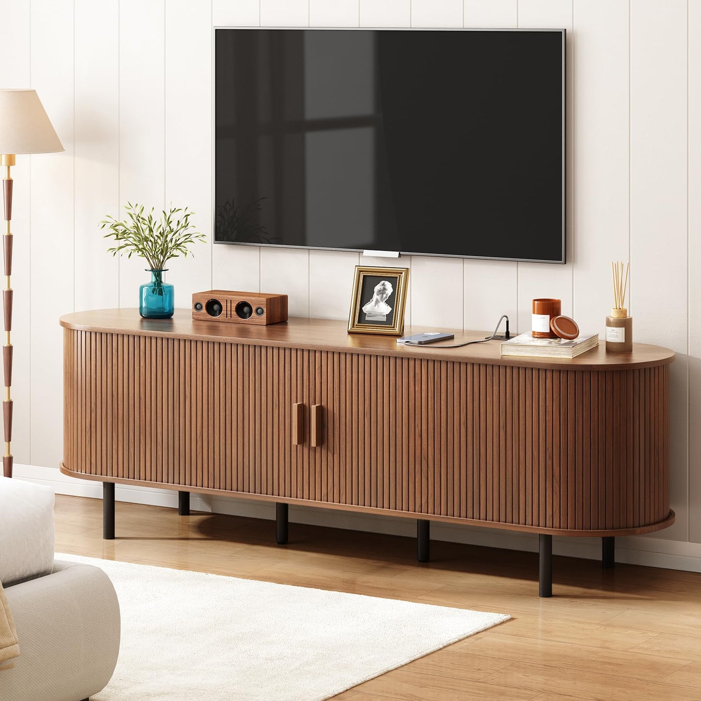ONBRILL 70.8" TV Stand with Power Outlet for TVs up to 75 Inch, Entertainment Center with Storage and Adjustable Shelves, Modern Media Console with Sliding Doors for Living Room, Walnut