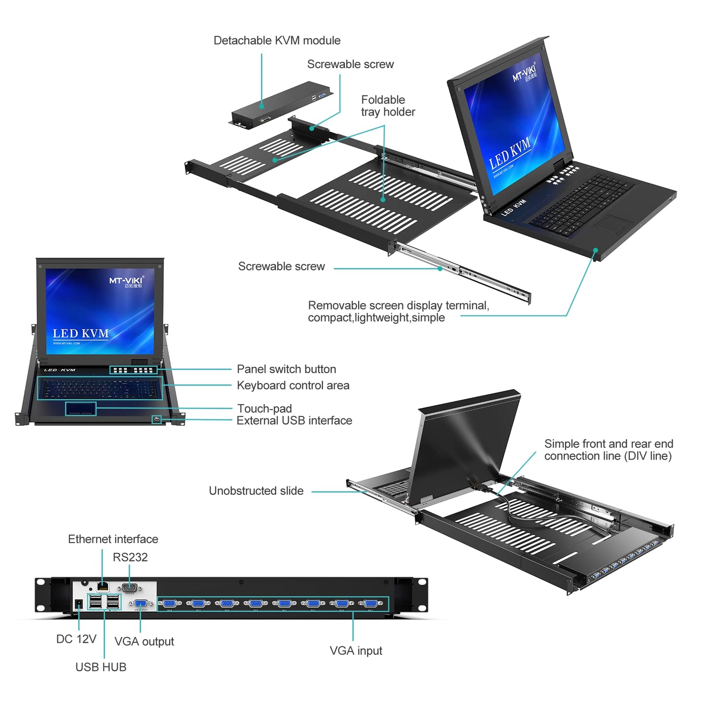 MT-VIKI 8 Port Rack Mount KVM Over IP Remote Access Console With 17'' LCD Monitor, 1 Local & 1 Remote Access, 8 Cables Included