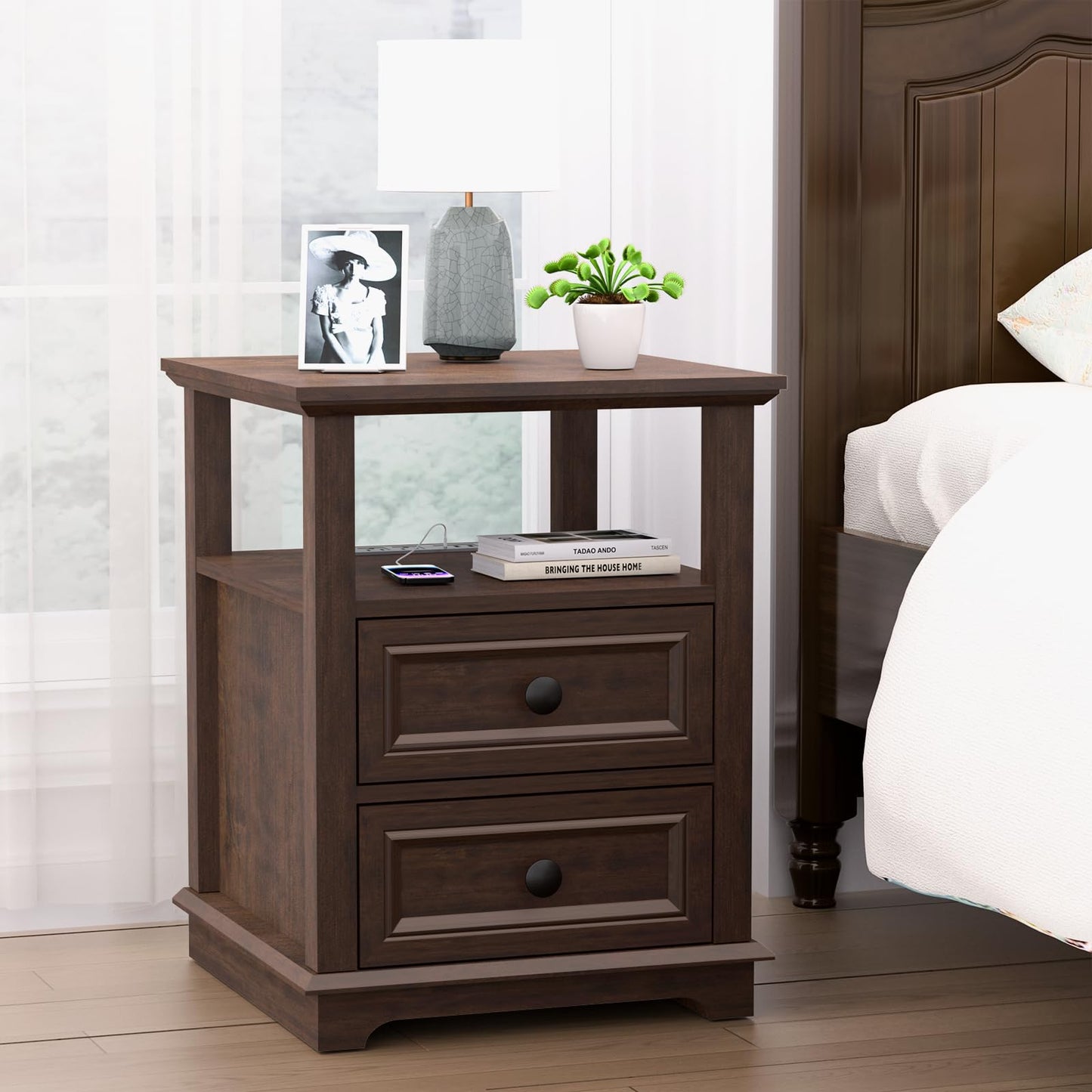 REDAYFUR 24" Tall End Table with Charging Station, Double 18W Fast Charge, Large 18" Bedside Table with Drawers, Rustic Wood Storage Cabinet with Open Shelf for Bedroom, Cherry