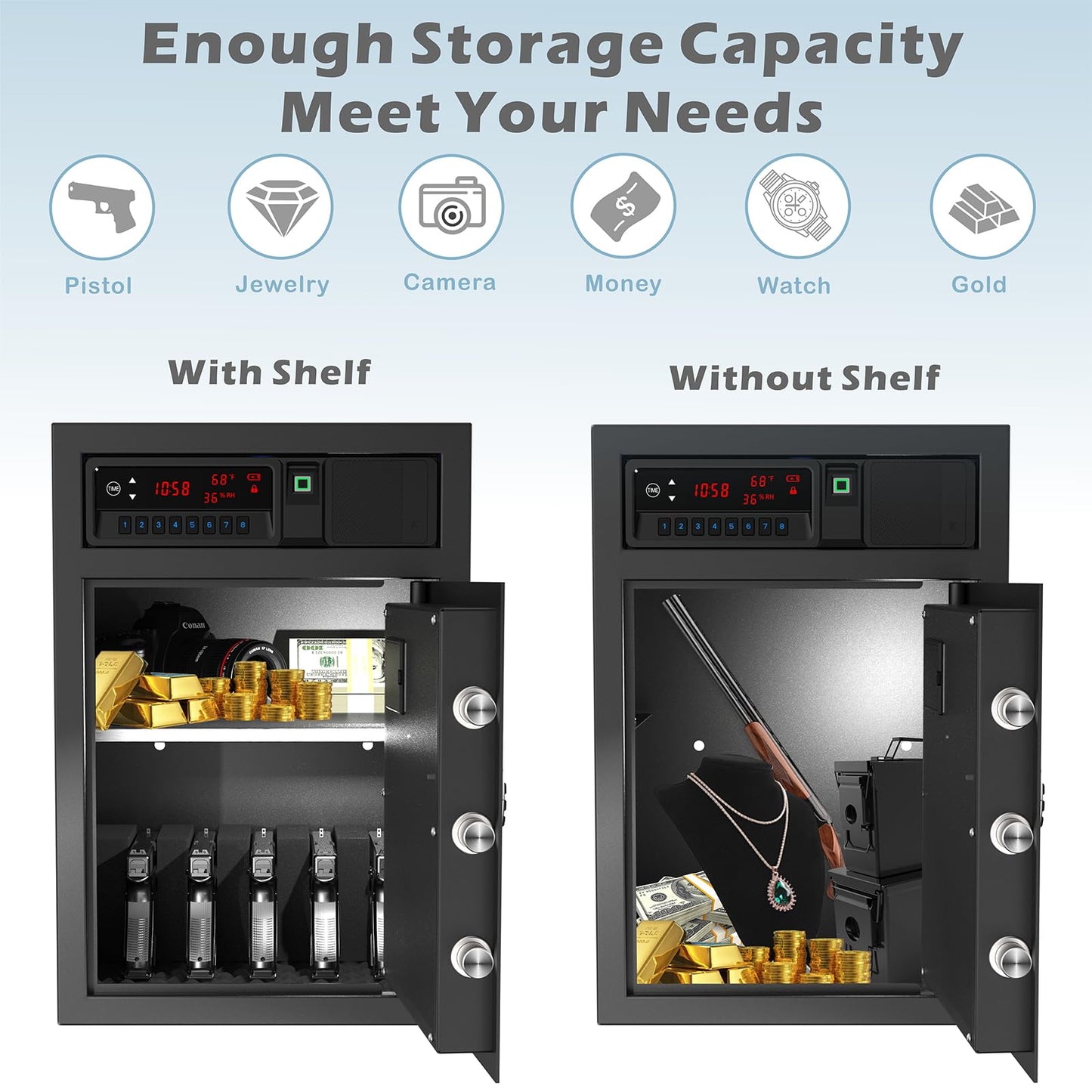 QINGENO Sliding-Away Drawer Safe with LCD Display of Temp,Humidity,Time,Home Security Electronic Safe for Money Cash Valuables,Keypad Large Lock Box Cabinet Safes